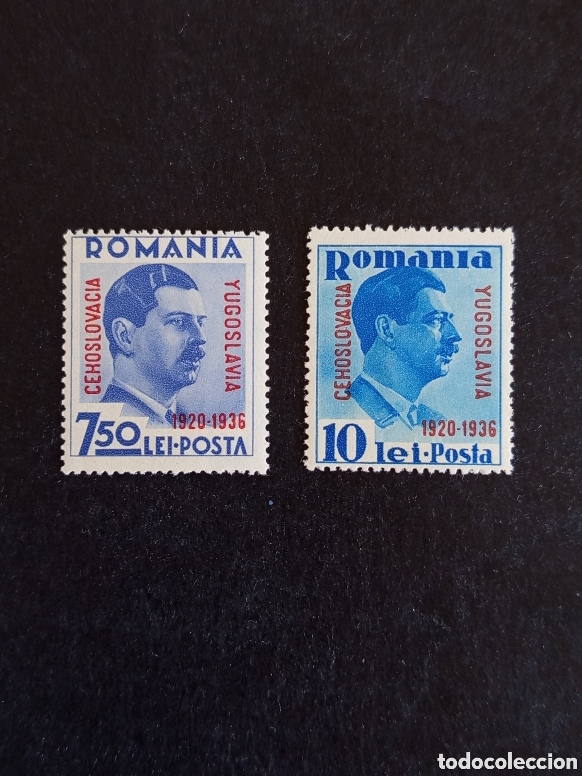 Sellos: Ruman&iacute;a, 1936. Rey Carlos I, sobrecargados. Peque&ntilde;a Entente. Yv. 510 A/B. Serie completa.