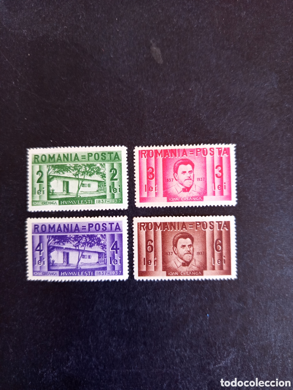 Sellos: Ruman&iacute;a, 1937. Centenario nacimiento I. Creanga, escritor. Yv. 511/4. Serie completa.Pedido m&iacute;nimo3&euro;