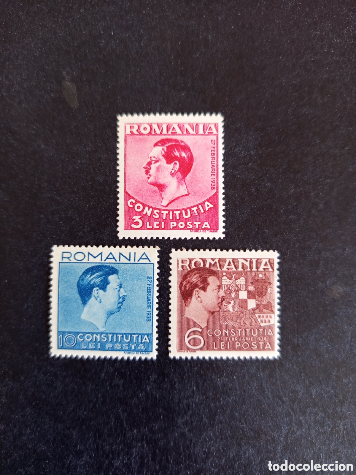 Sellos: Ruman&iacute;a, 1938. Rey Carlos II. Nueva Constituci&oacute;n. Yv. 532/4. Serie completa. Pedido m&iacute;nimo 3 &euro;.