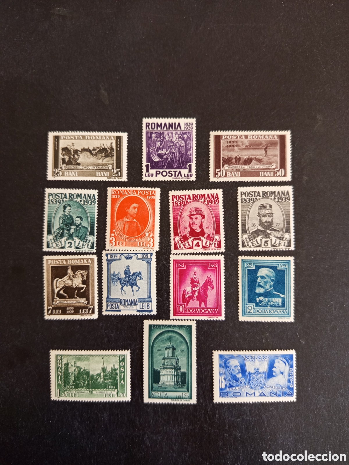 Sellos: Ruman&iacute;a, 1939. Centenario nacimiento Rey Carlos I. Yv. 552/65. Serie completa. Pedido m&iacute;nimo 3 &euro;.