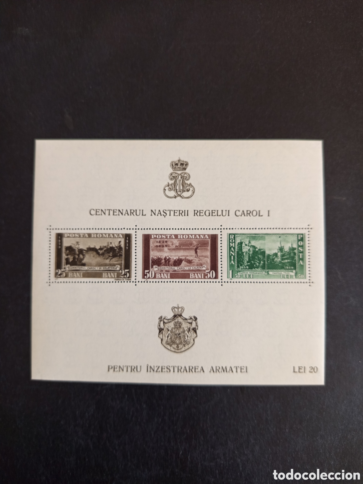 Sellos: Ruman&iacute;a, 1939. Centenario nacimiento Rey Carlos I. Yv. HB 3. Pedido m&iacute;nimo 3 &euro;. Ver fotos.
