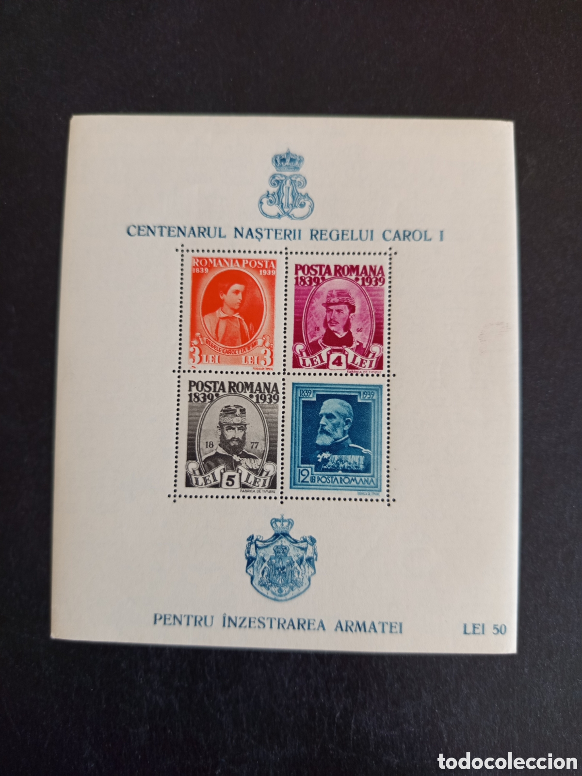 Sellos: Ruman&iacute;a, 1939. Centenario nacimiento Rey Carlos I. Yv. HB 4. Pedido m&iacute;nimo 3 &euro;. Ver fotos.