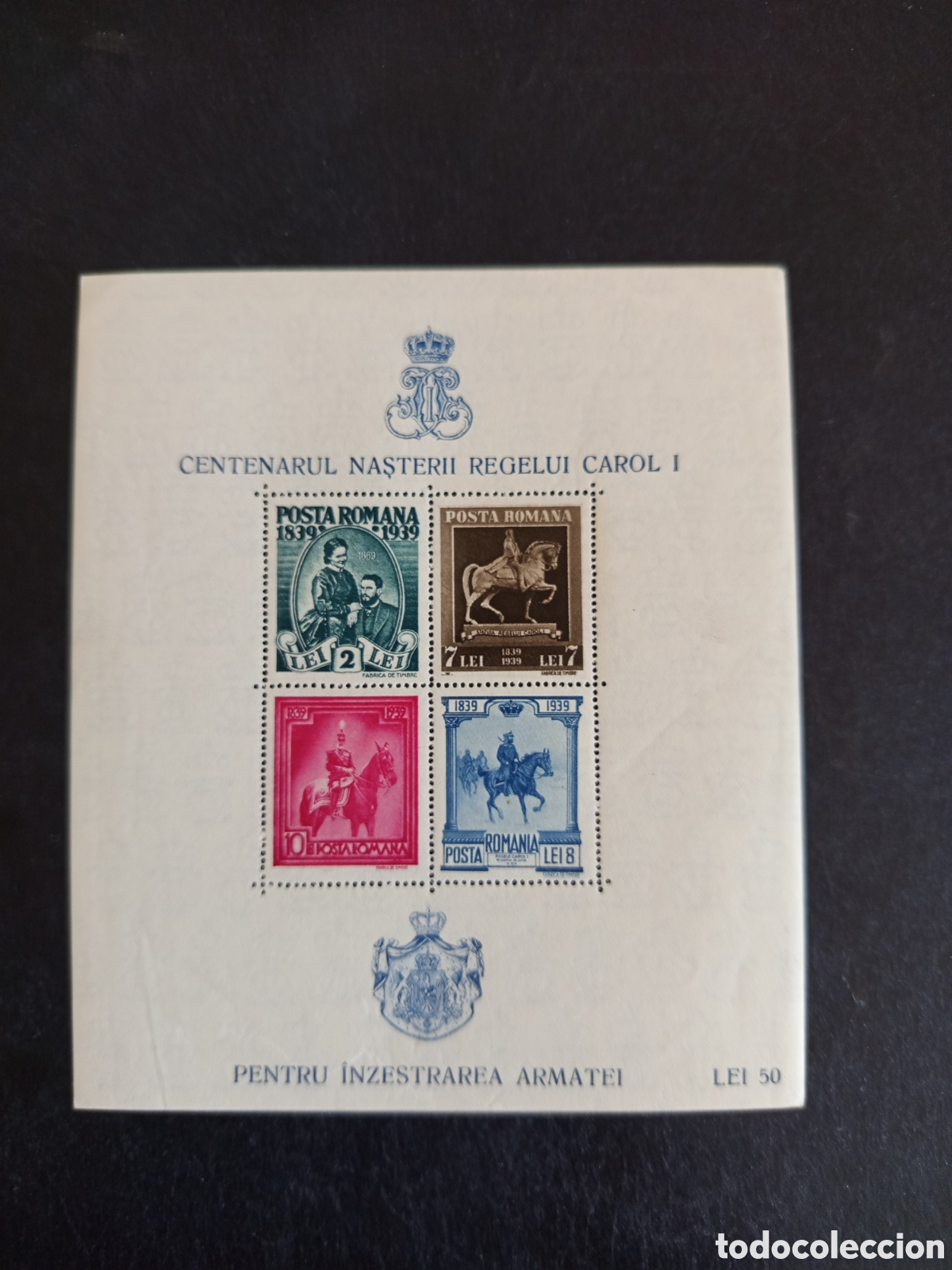 Sellos: Ruman&iacute;a, 1939. Centenario nacimiento Rey Carlos I. Yv. HB 5. Pedido m&iacute;nimo 3 &euro;. Ver fotos.