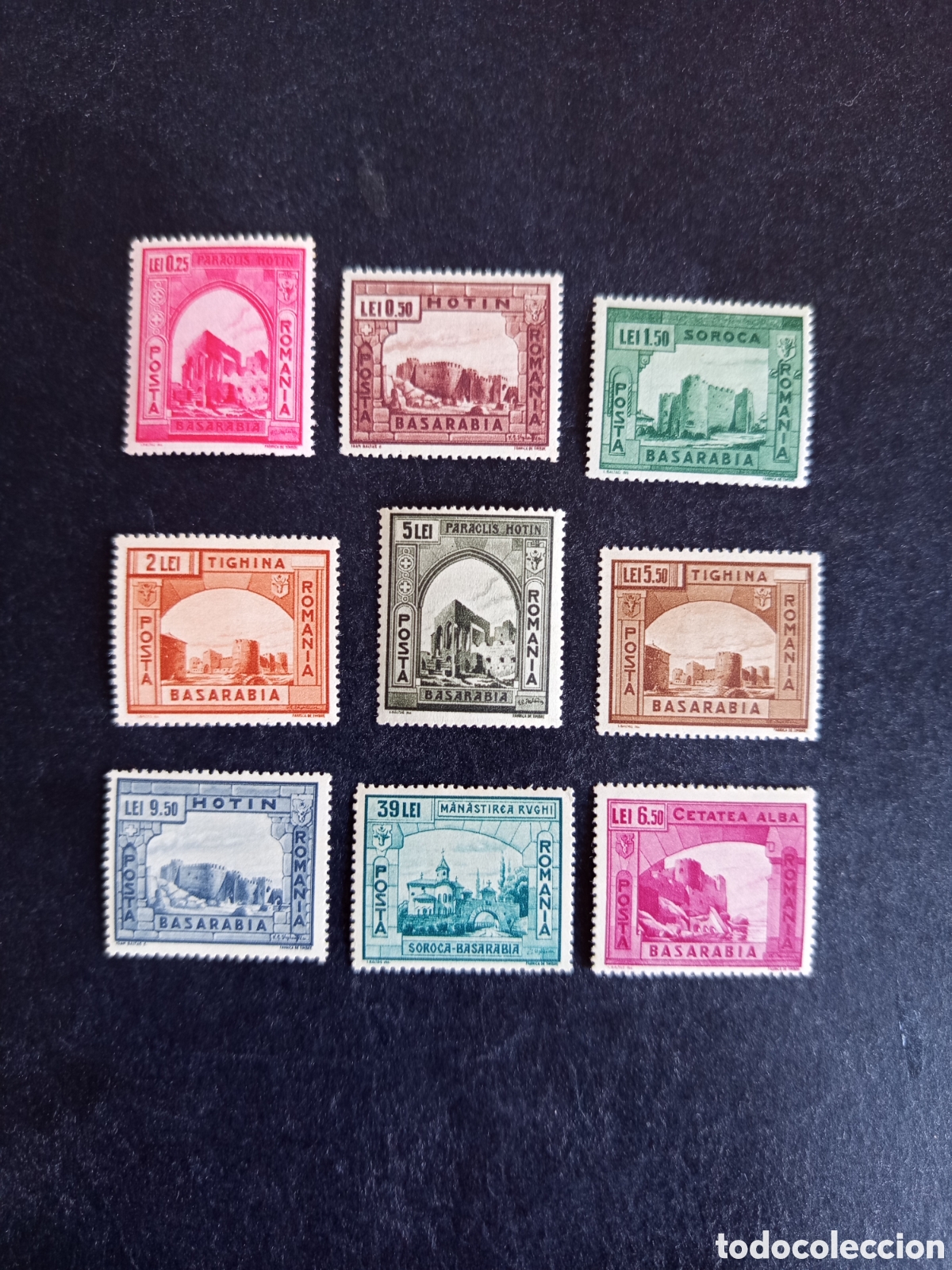 Sellos: Ruman&iacute;a, 1941. Integraci&oacute;n de Besarabia. Monumentos. Yv. 670/77; 677A. Serie completa.