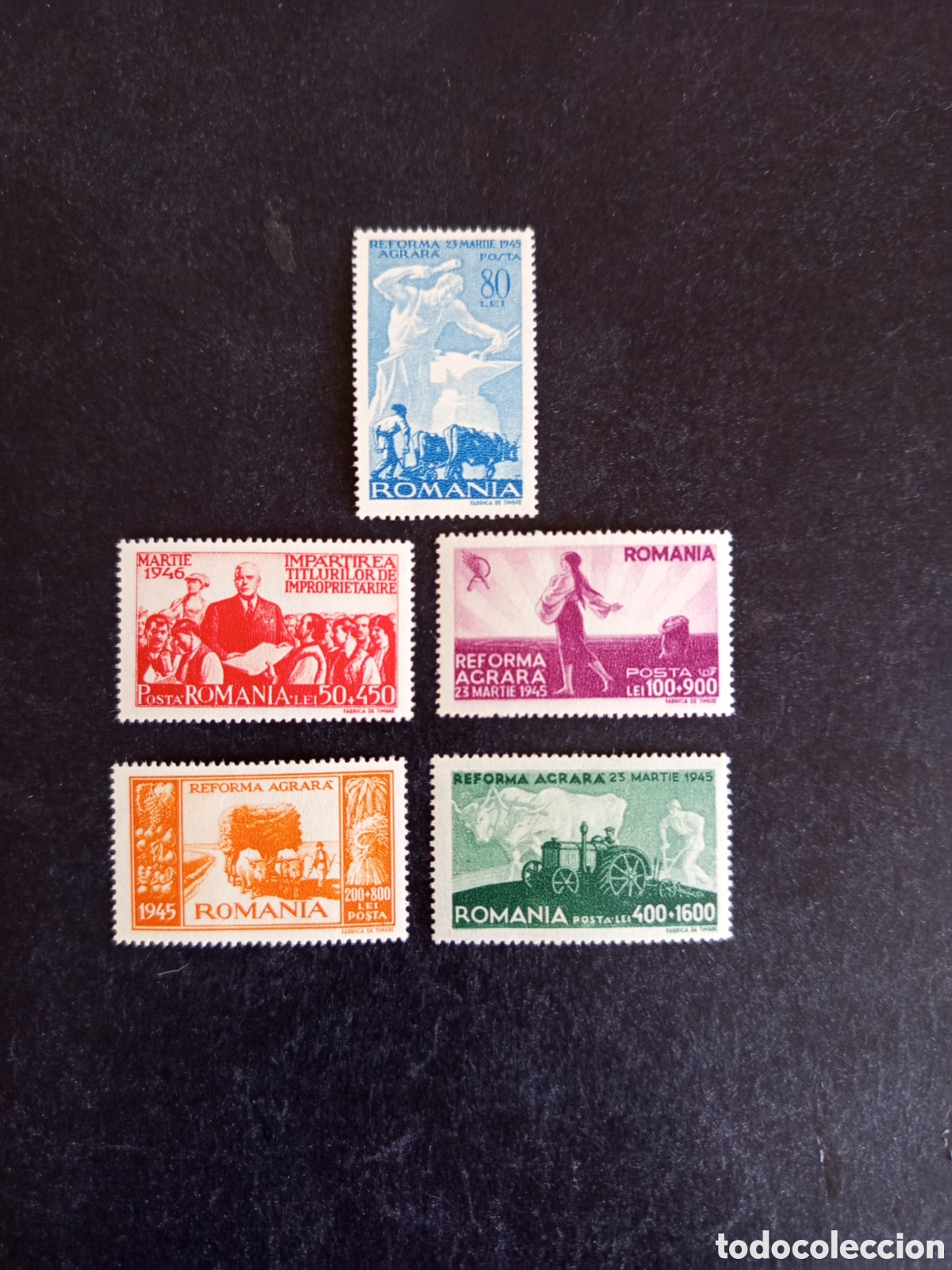 Sellos: Ruman&iacute;a, 1946. Reforma Agraria. Yv. 894/8. Serie completa. Pedido m&iacute;nimo 3 &euro;. Ver fotos.