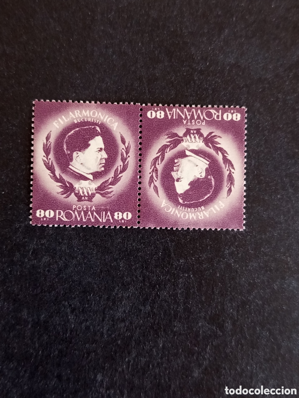 Sellos: Ruman&iacute;a, 1946. Sociedad Filarm&oacute;nica. G. Enescu, compositor. Yv. 902, en tete-b&ecirc;che. Pedido m&iacute;nimo 3&euro;