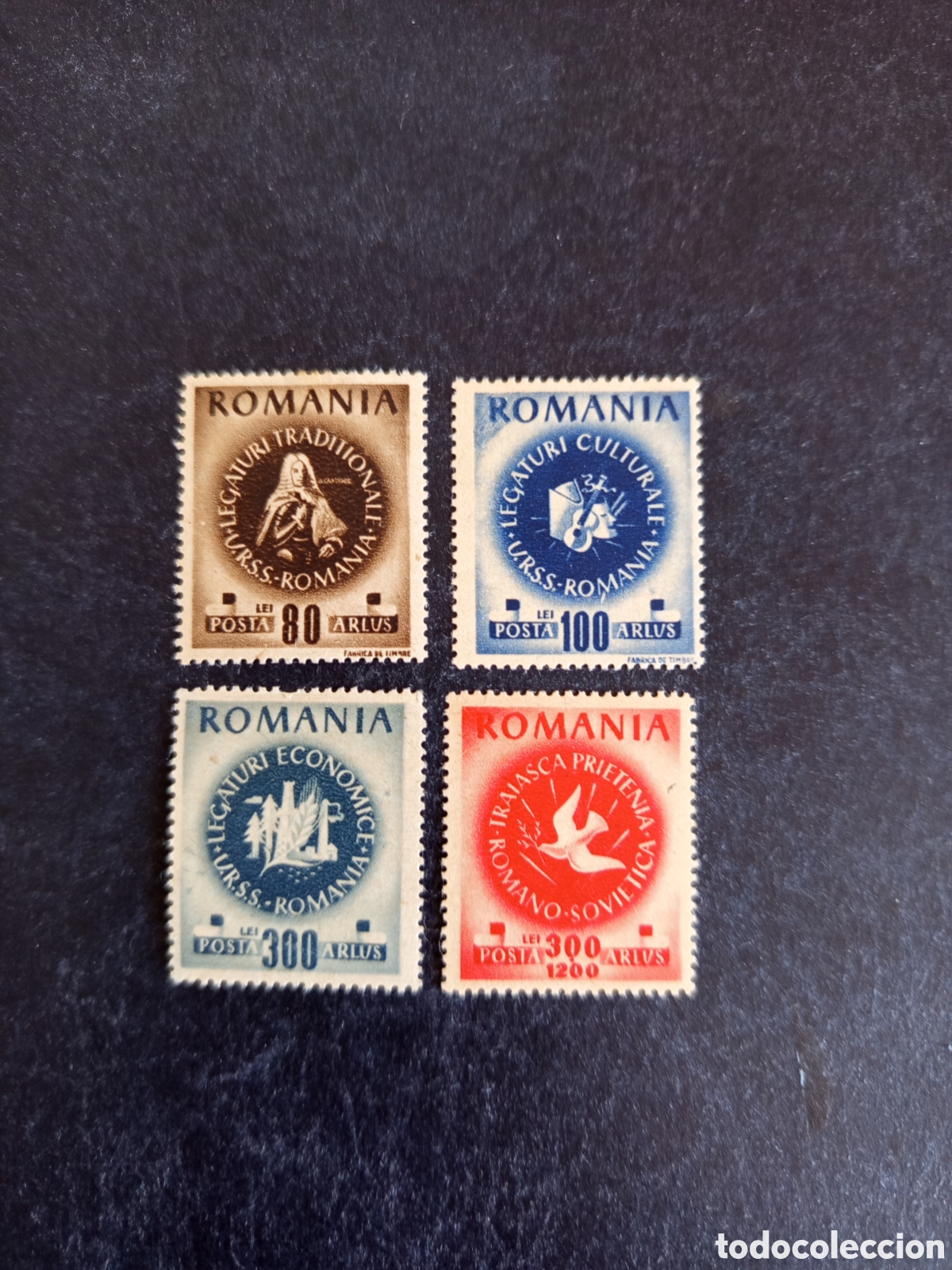 Sellos: Ruman&iacute;a, 1946. Amistad Rumano Sovi&eacute;tica. Yv. 921/4. Serie completa. Pedido m&iacute;nimo 3 &euro;. Ver fotos.