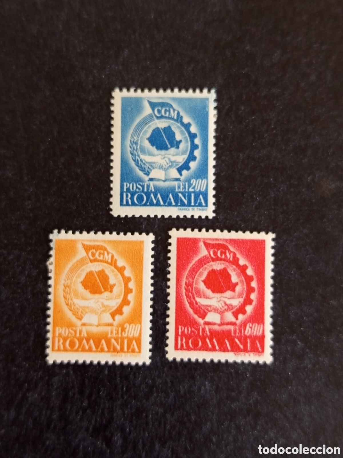 Sellos: Ruman&iacute;a, 1947. Congreso Uni&oacute;n Sindical. Yv. 975A/C. Serie completa. Pedido m&iacute;nimo 3 &euro;. Ver fotos.