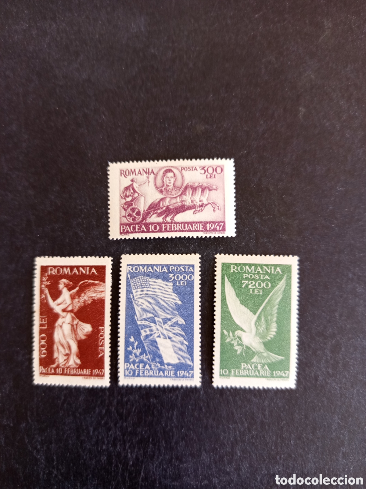 Sellos: Ruman&iacute;a, 1947. Conmemoraci&oacute;n de la Paz. Yv. 934/7. Serie completa. Pedido m&iacute;nimo 3 &euro;. Ver fotos.