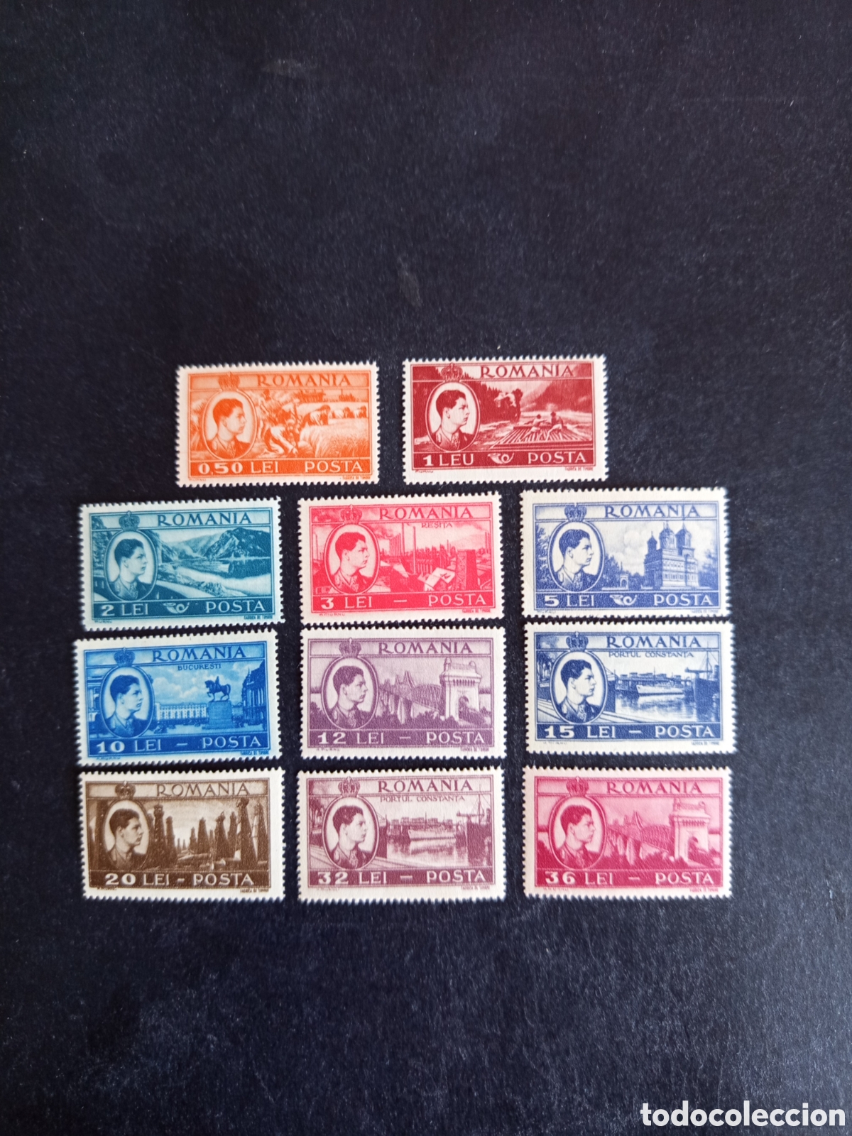 Sellos: Ruman&iacute;a, 1947. Actividades Nacionales. Rey Miguel I. Yv. 976/86. Serie completa. Pedido m&iacute;nimo 3 &euro;.