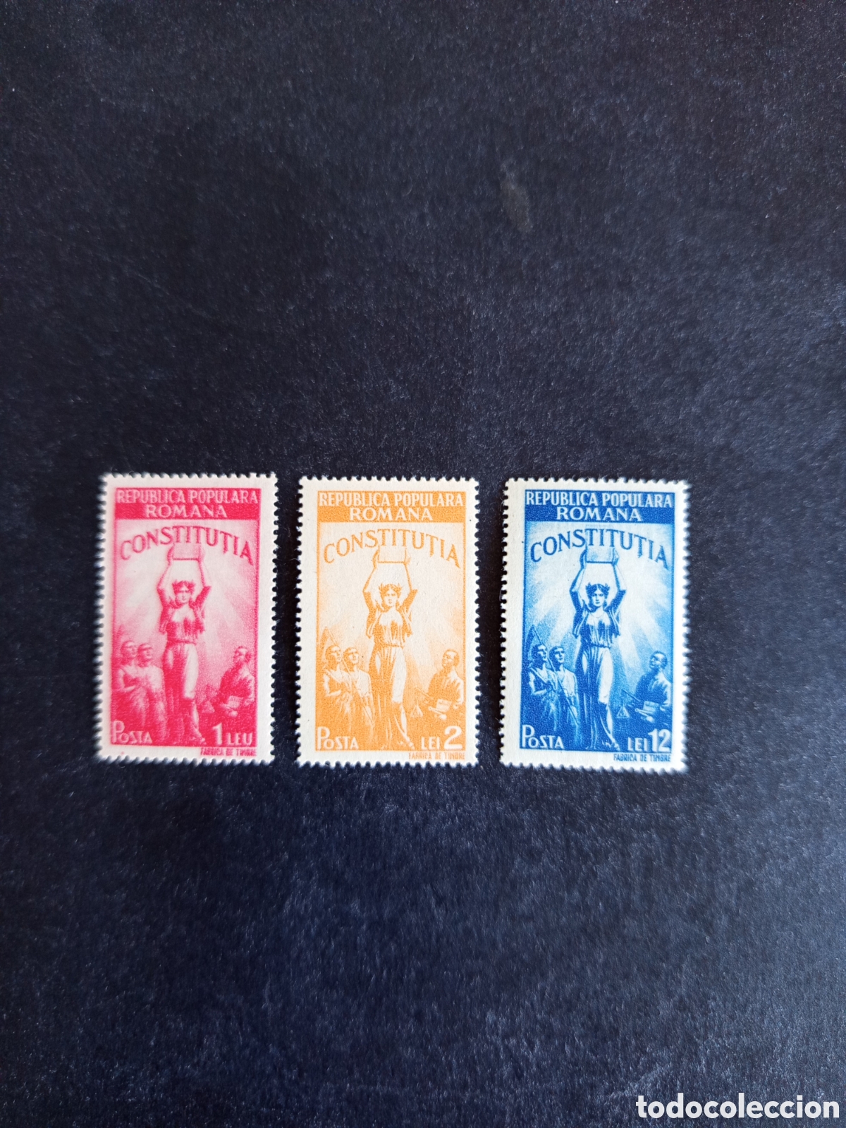 Sellos: Ruman&iacute;a, 1948. Alegor&iacute;a Nueva Constituci&oacute;n. Yv. 1022/4. Serie completa. Pedido m&iacute;nimo 3 &euro;.Ver fotos