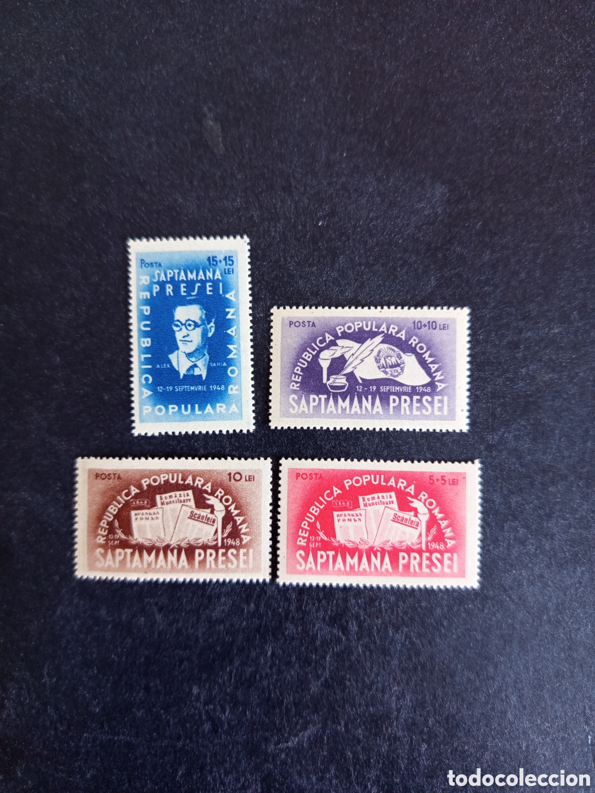 Sellos: Ruman&iacute;a, 1948. Peri&oacute;dicos Rumanos. Yv. 1059/62. Serie completa. Pedido m&iacute;nimo 3 &euro;. Ver fotos.