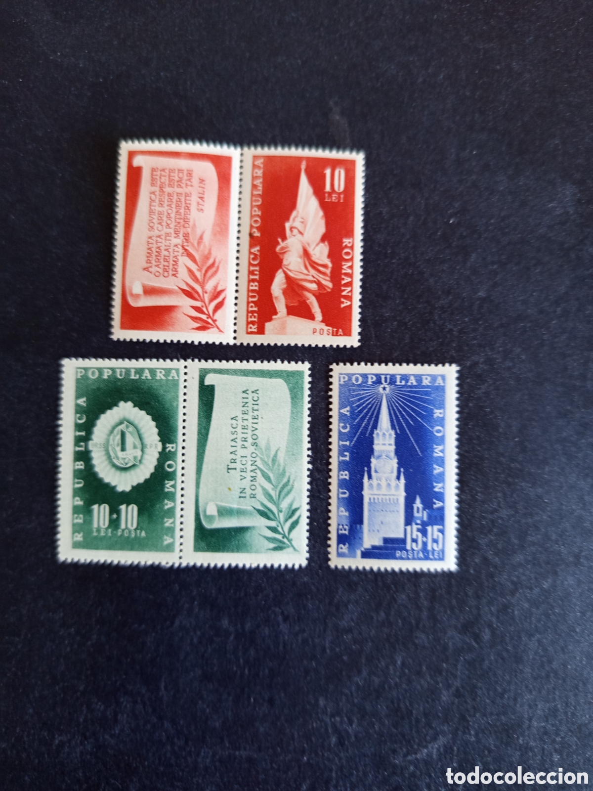 Sellos: Ruman&iacute;a, 1948. Monumento al soldado sovi&eacute;tico. Yv. 1063/5. Serie completa. Pedido m&iacute;nimo 3 &euro;.