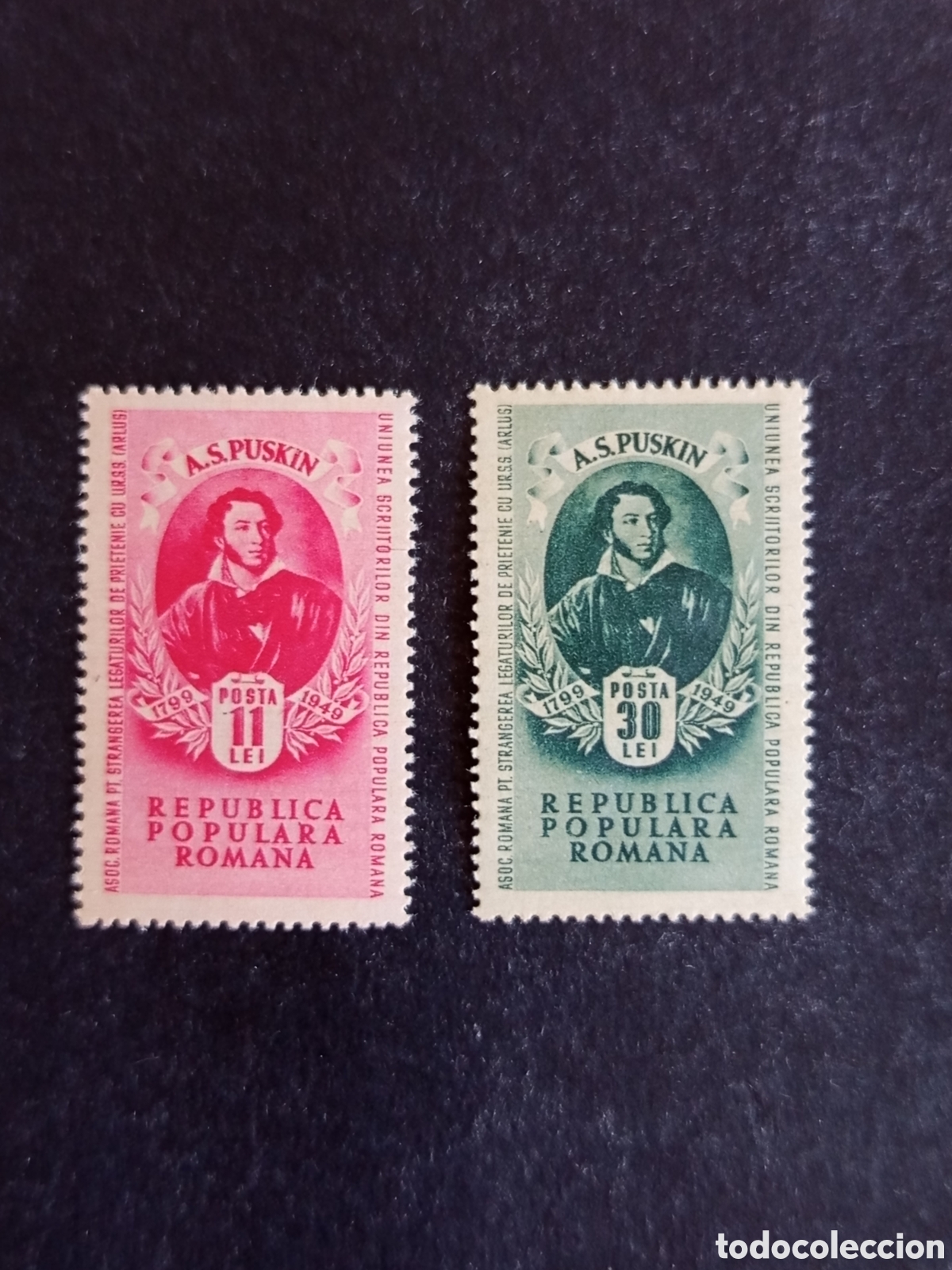 Sellos: Ruman&iacute;a, 1949. A.S. Pushkin, poeta. Yv. 1079/80. Serie completa. Pedido m&iacute;nimo 3 &euro;. Ver fotos.