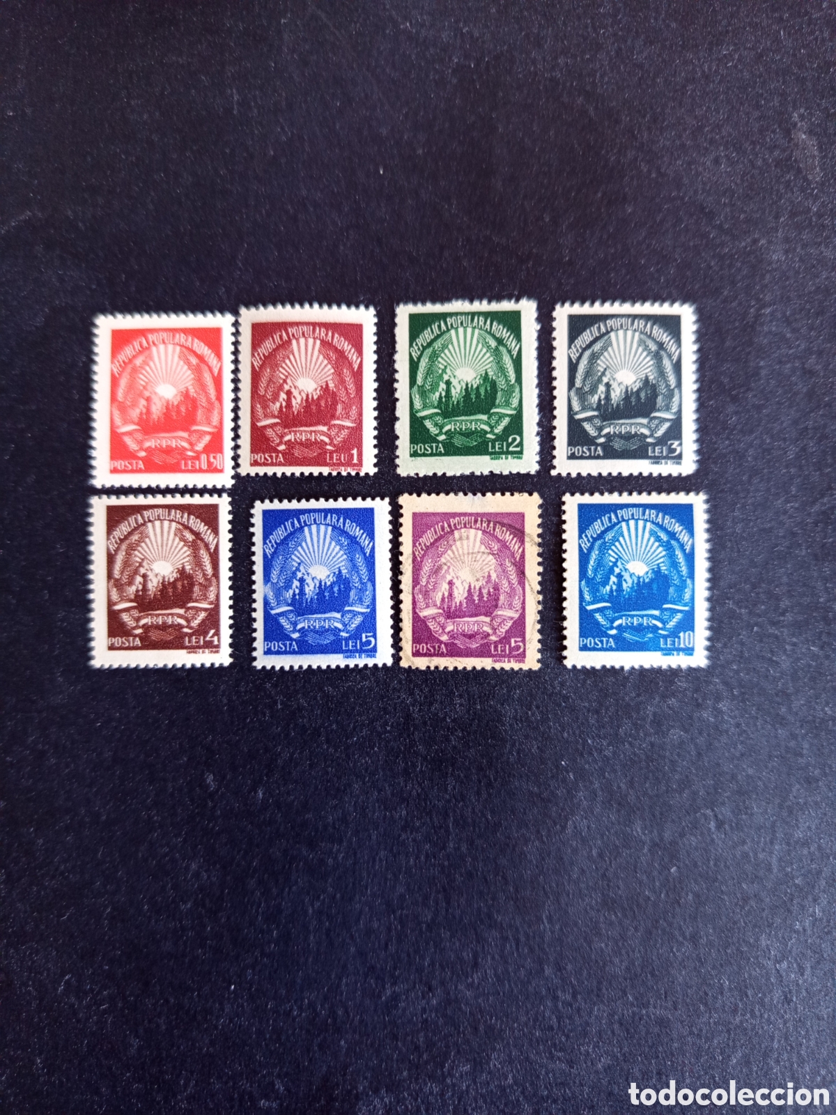 Sellos: Ruman&iacute;a, 1949/50. Escudo de la Rep&uacute;blica. Yv. 1042/8. Serie completa. Pedido m&iacute;nimo 3 &euro;. Ver fotos.