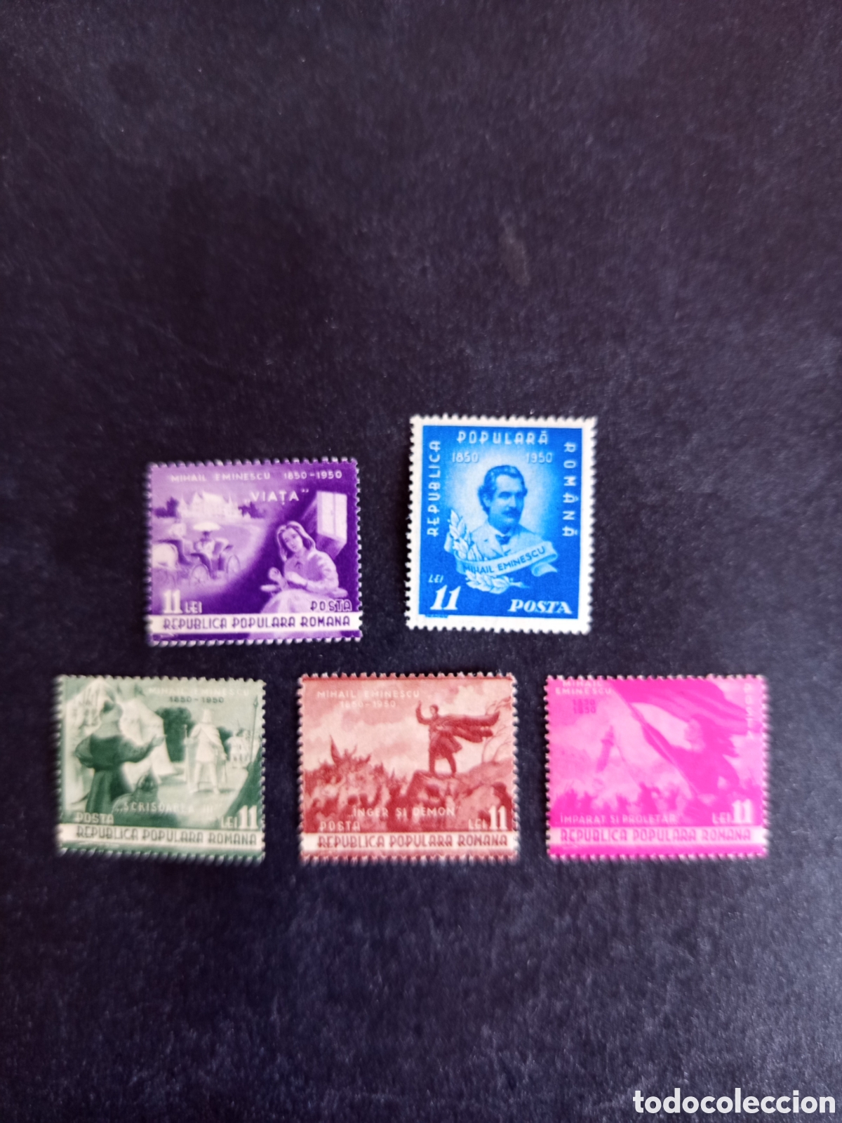 Sellos: Ruman&iacute;a, 1950. M. Eminescu, poeta. Yv. 1090/4. Serie completa. Pedido m&iacute;nimo 3 &euro;. Ver fotos.