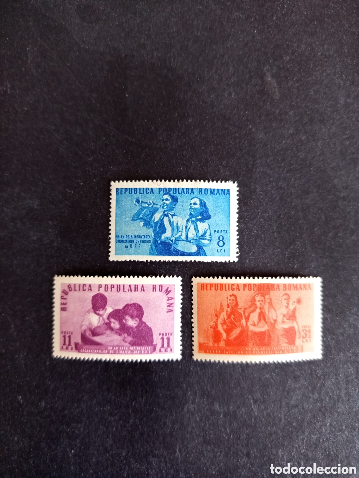Sellos: Ruman&iacute;a, 1950. J&oacute;venes pioneros. Yv. 1114/6. Serie completa. Pedido m&iacute;nimo 3 &euro;. Ver fotos.