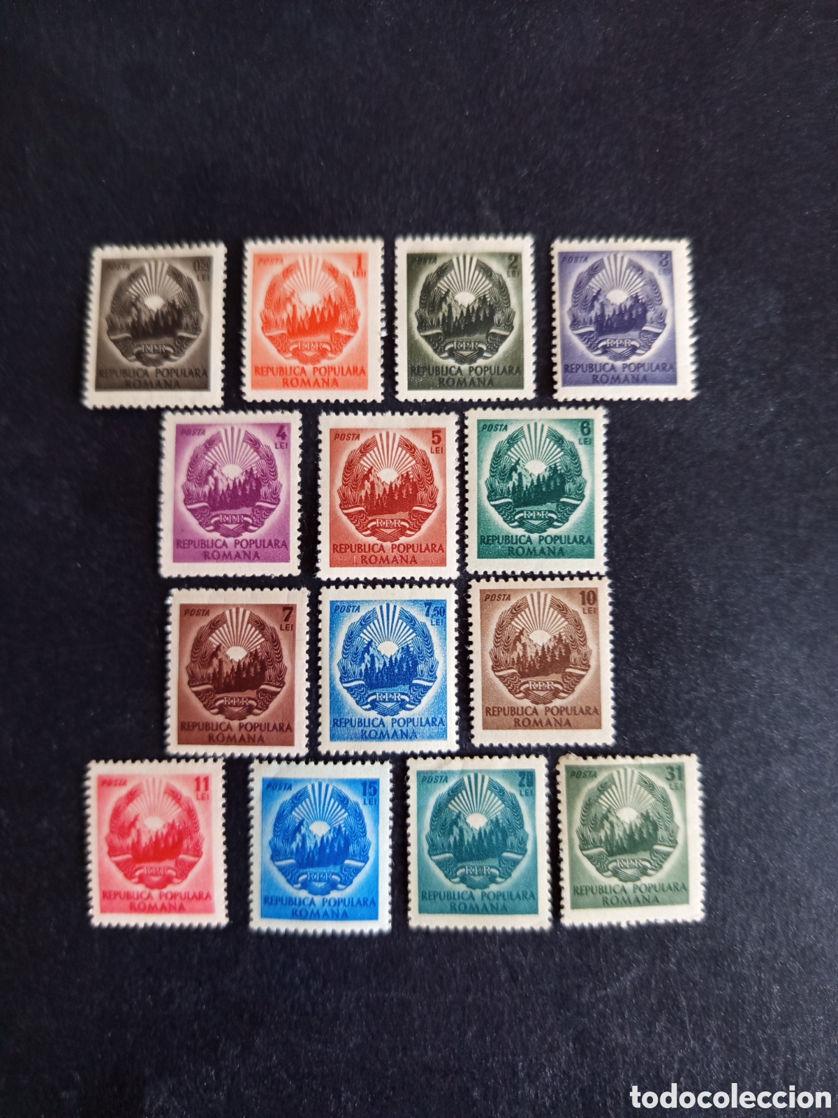 Sellos: Ruman&iacute;a, 1950. Escudo de la Rep&uacute;blica. Yv. 1098/1111. Pedido m&iacute;nimo 3 &euro;. Ver fotos.