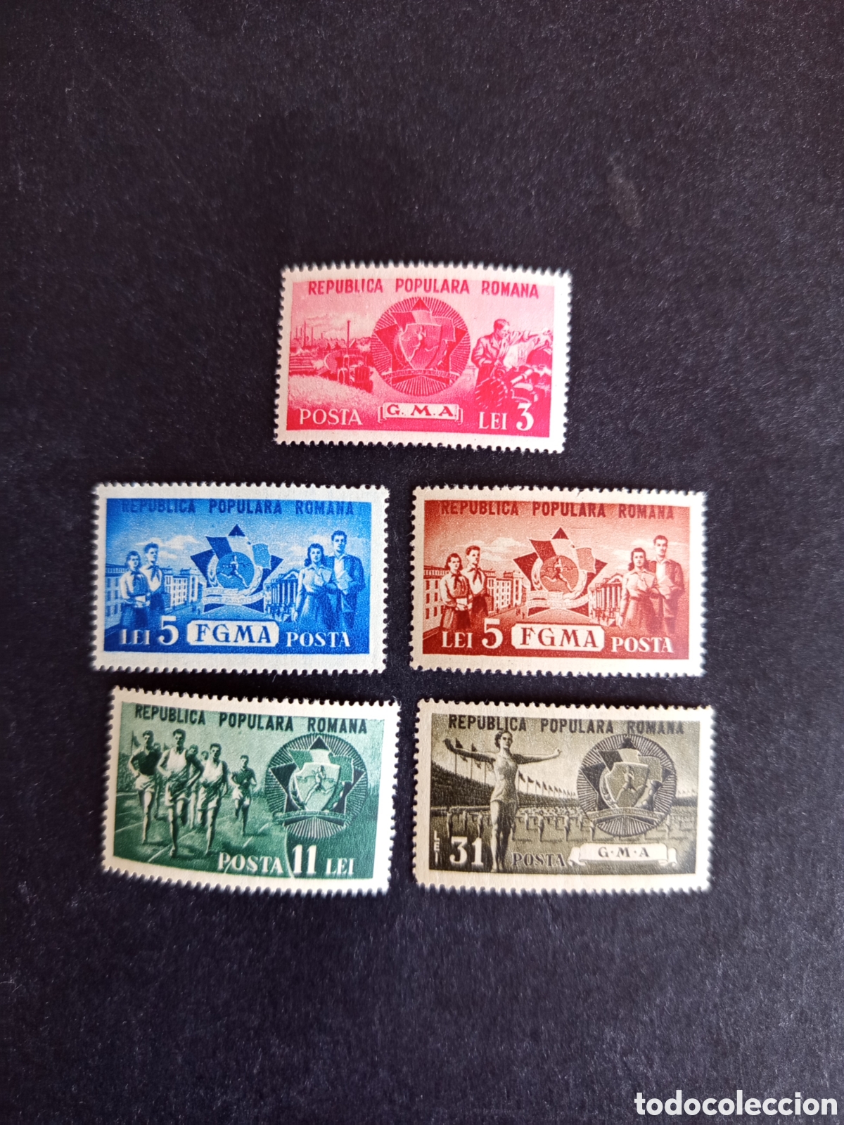Sellos: Ruman&iacute;a, 1950. Desarrollo y deporte. Yv. 1128/32. Serie completa. Pedido m&iacute;nimo 3 &euro;. Ver fotos.