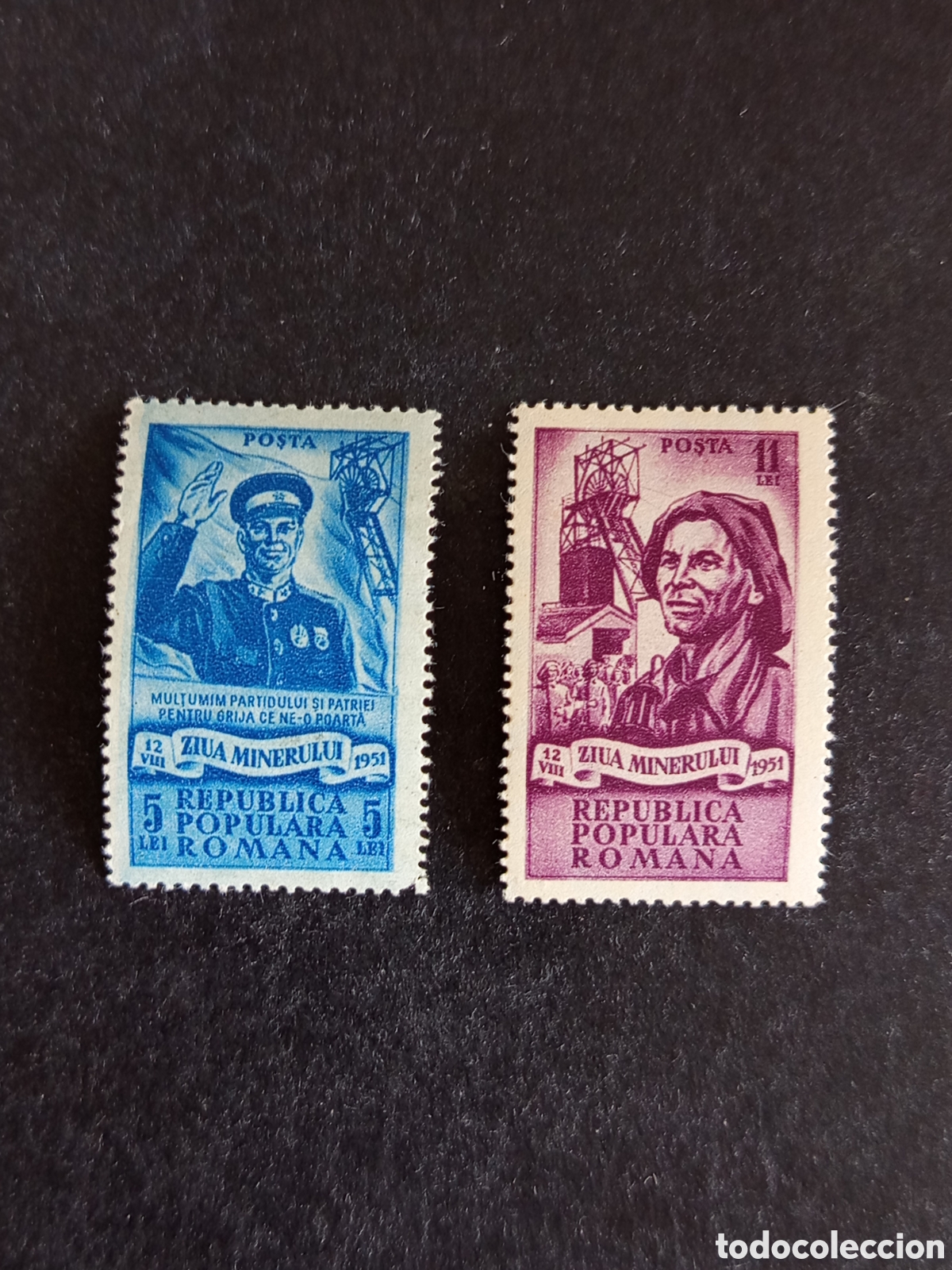 Sellos: Ruman&iacute;a, 1951. D&iacute;a del minero. Yv. 1162/3. Serie completa. Pedido m&iacute;nimo 3 &euro;. Ver fotos.