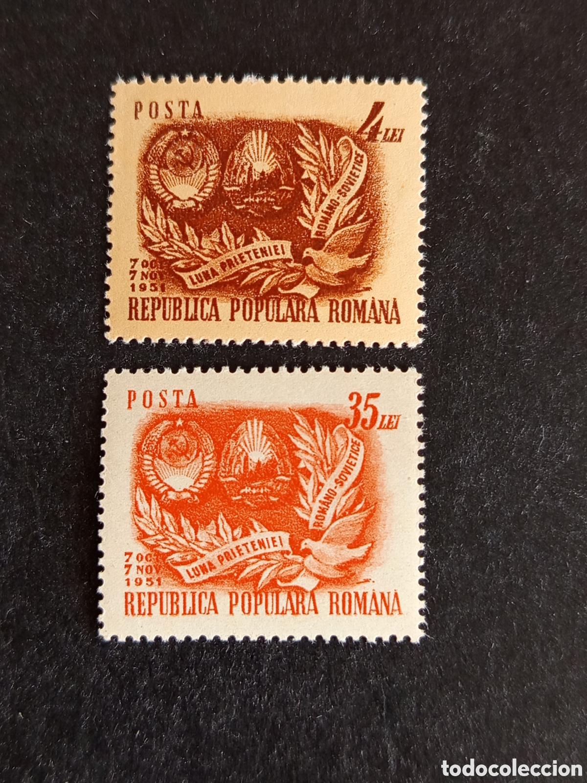 Sellos: Ruman&iacute;a, 1951. Amistad rumano-sovietica. Yv. 1179/80. Pedido m&iacute;nimo 3 &euro;. Ver fotos.