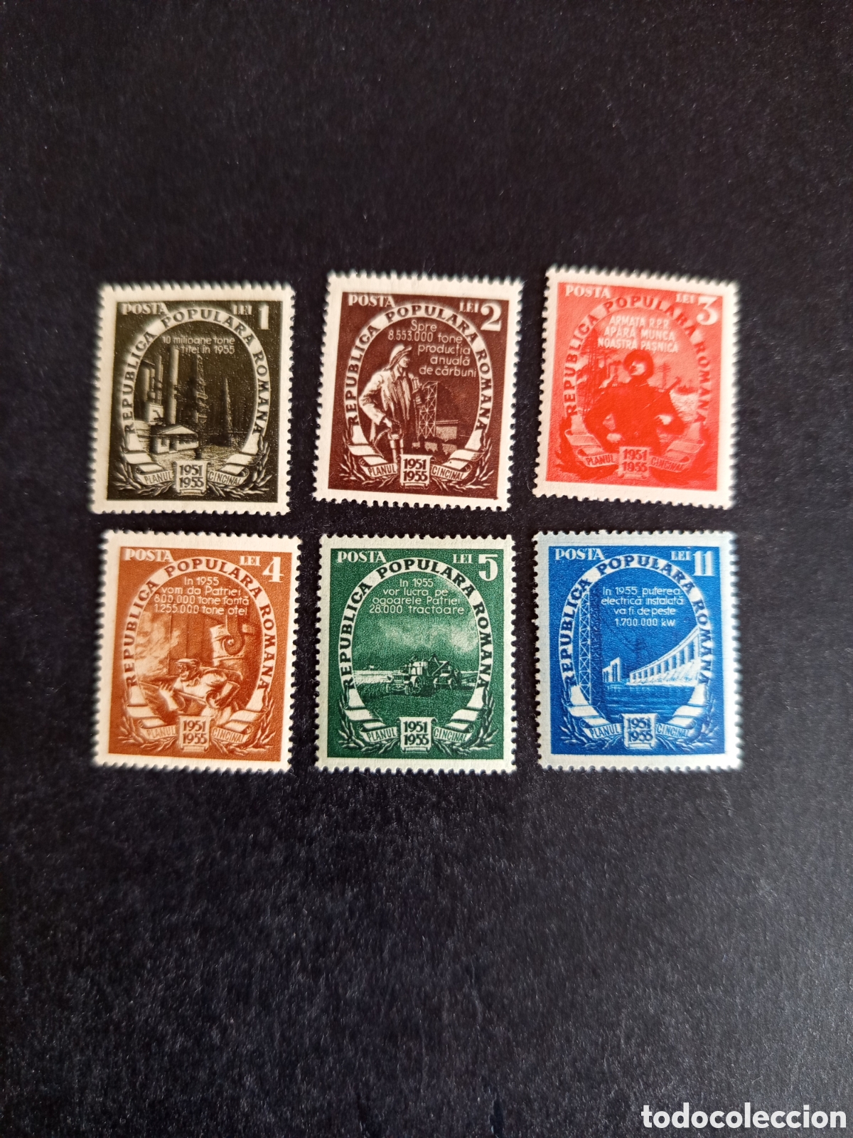 Sellos: Ruman&iacute;a, 1952. Desarrollo. Servicios b&aacute;sicos. Yv. 1168/72; 1176. Pedido m&iacute;nimo 3 &euro;. Ver fotos.
