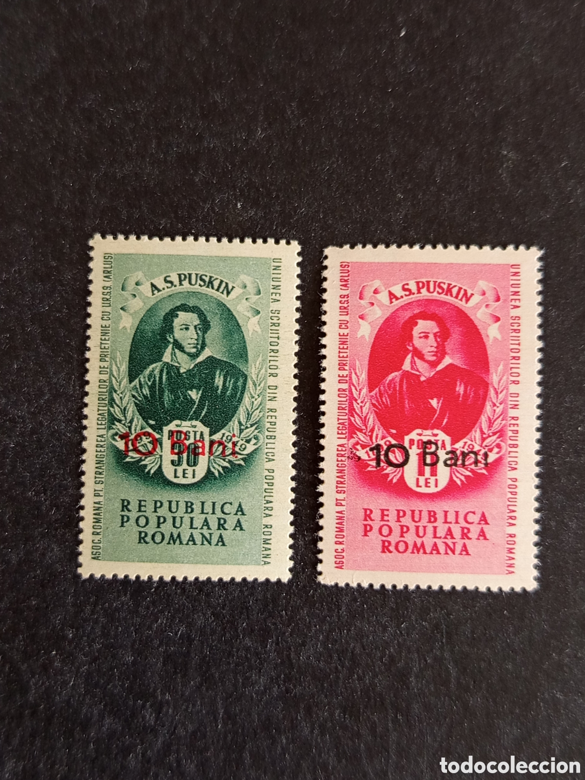 Sellos: Ruman&iacute;a, 1952A.S. Pushkin, poeta. Yv. 1221/2. Sobrecargados. Serie completa. Pedido m&iacute;nimo 3 &euro;.