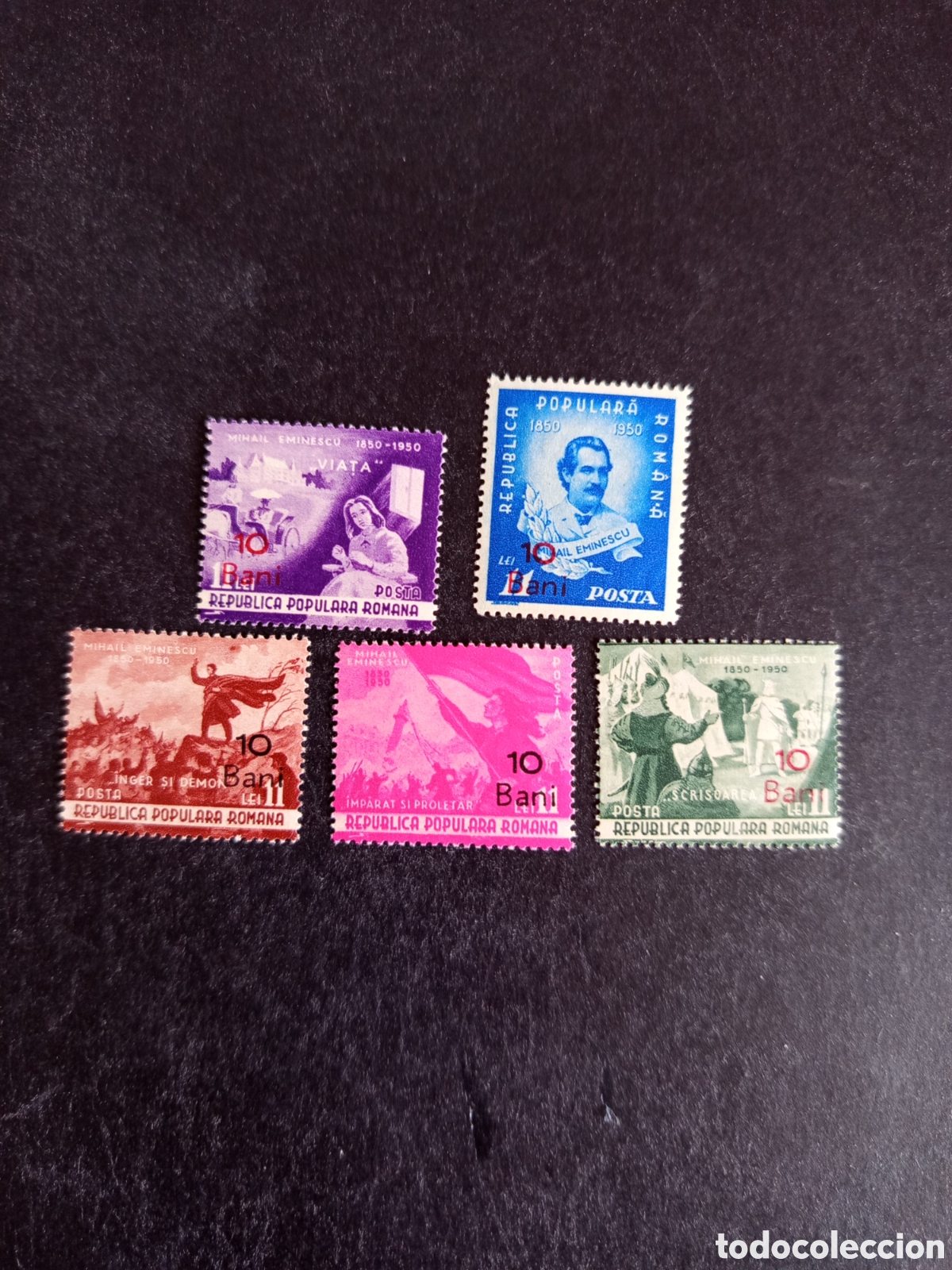 Sellos: Ruman&iacute;a, 1952. M. Eminescu, poeta. Yv. 1223/7, sobrecargados. Serie completa. Pedido m&iacute;nimo 3 &euro;.