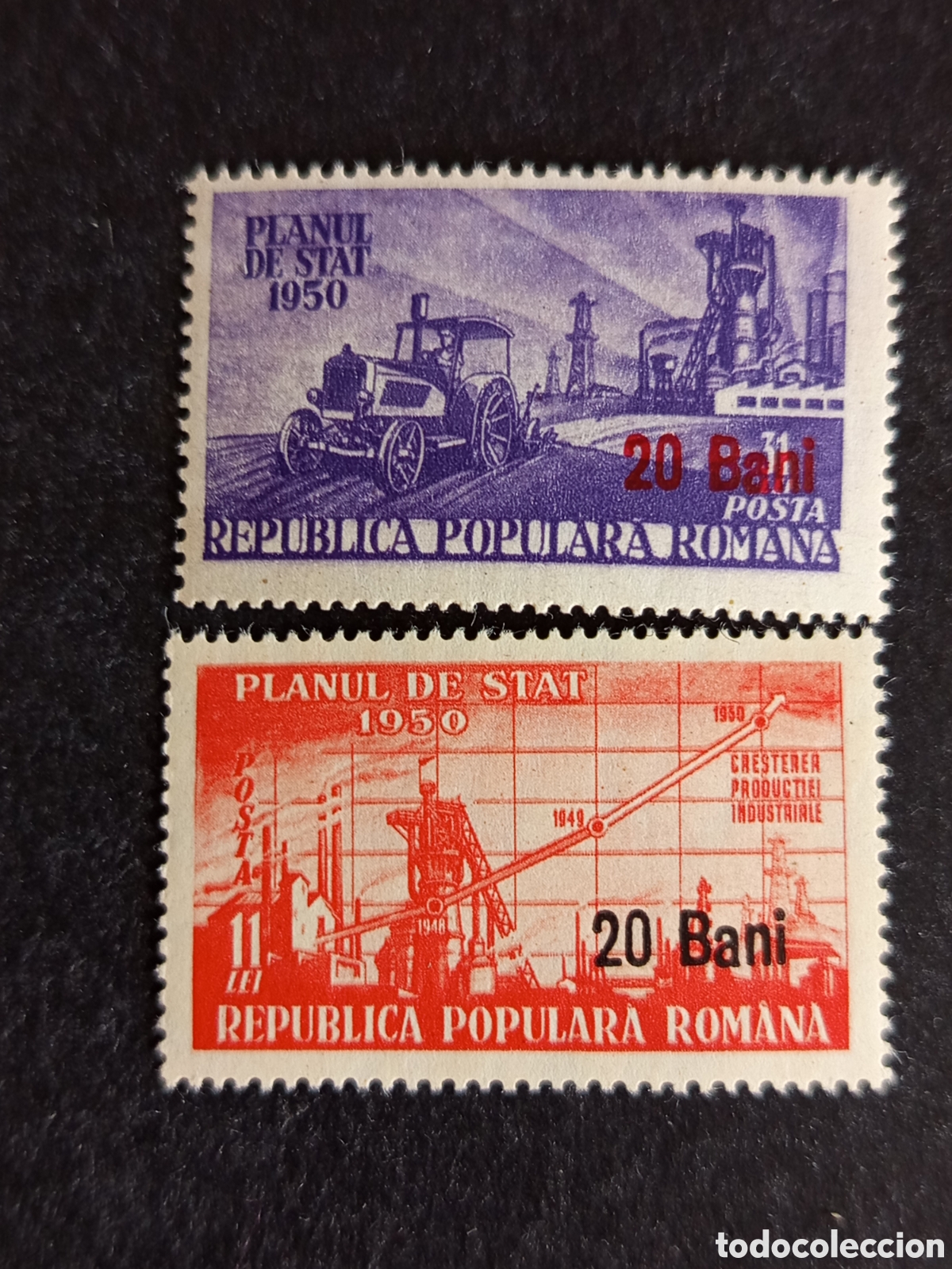 Sellos: Ruman&iacute;a, 1952. Desarrollo :Tractor y F&aacute;brica. Yv. 1231/2, sobrecargados.Pedido m&iacute;nimo 3 &euro;. Ver fotos