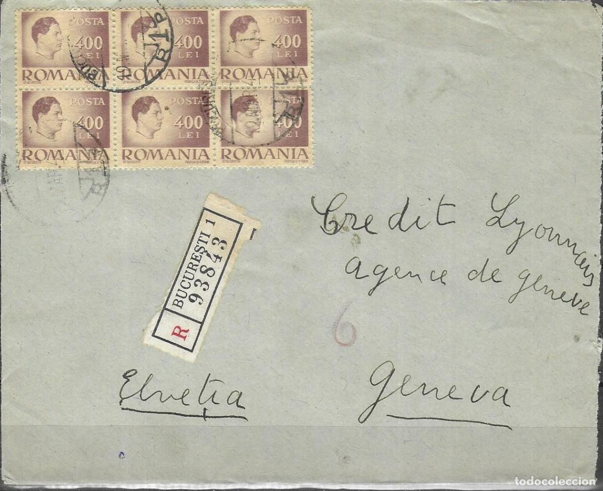 Sellos: RUMAN&Iacute;A 1946 - Carta Certificada para Ginebra, Suiza - Bloque de 6x Sellos Rey Miguel I 400L