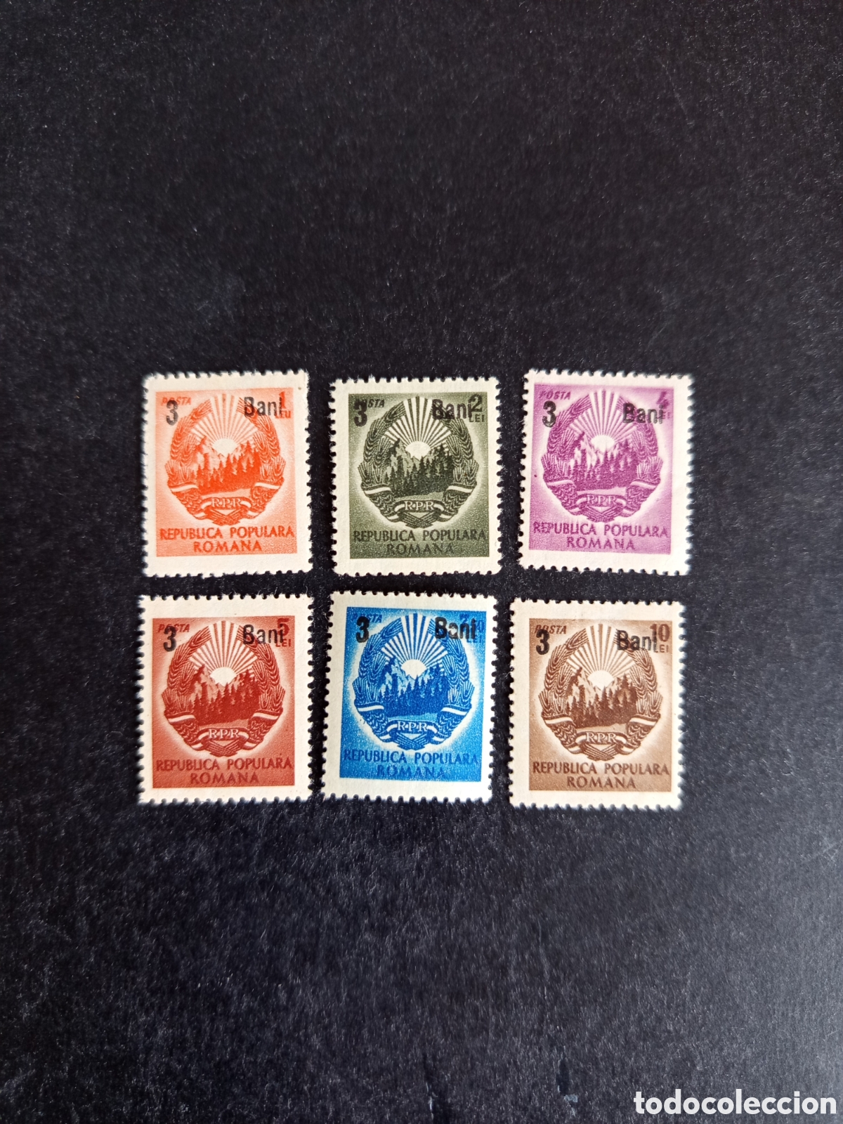 Sellos: Ruman&iacute;a, 1952. Escudo de armas. Yv 1215/20. Serie completa sobrecarga. Pedido m&iacute;nimo 3 &euro;. Ver fotos.
