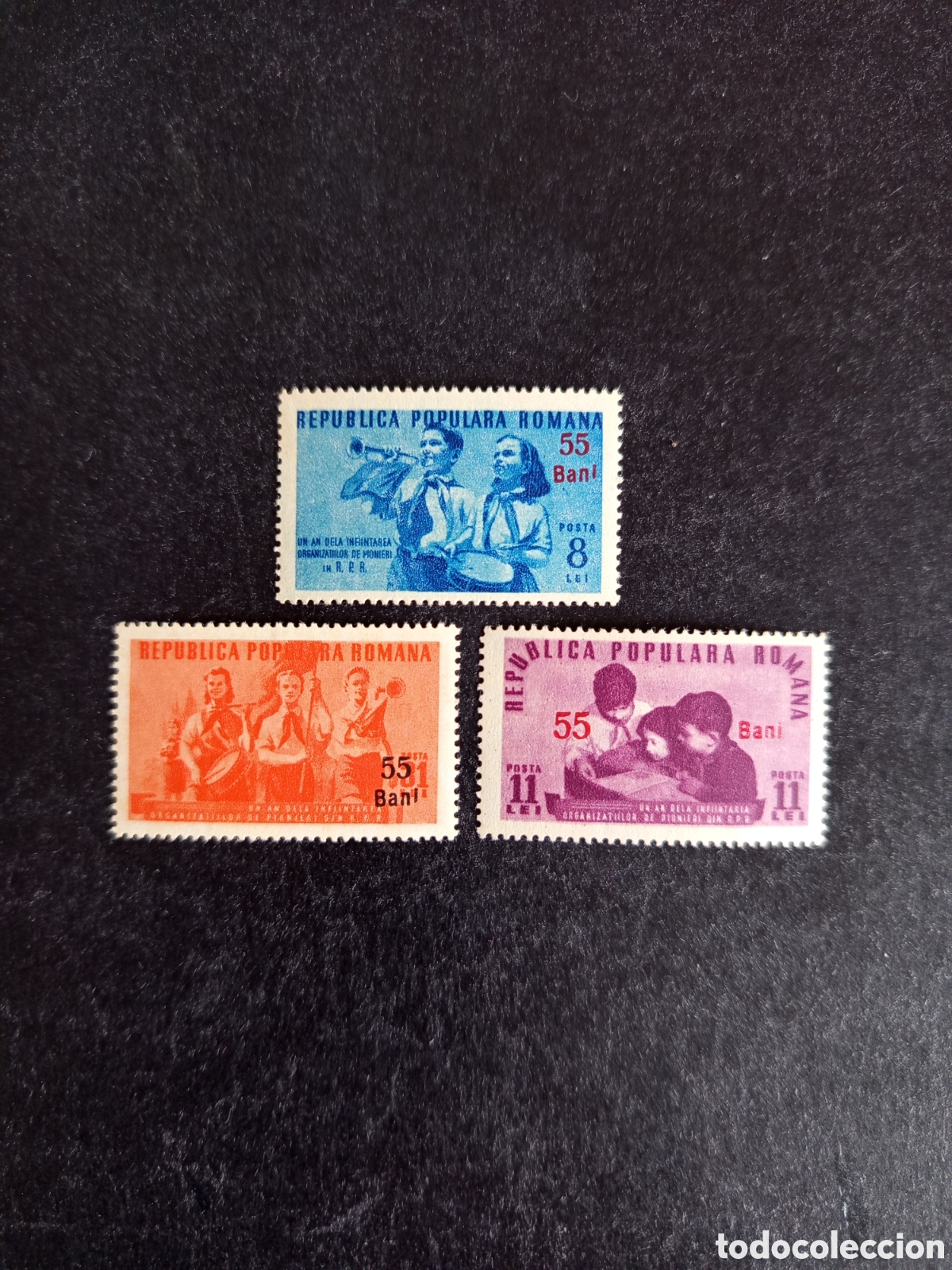 Sellos: Ruman&iacute;a, 1952. J&oacute;venes pioneros. Yv 1242/4. Serie completa sobrecarga. Pedido m&iacute;nimo 3 &euro;. Ver fotos