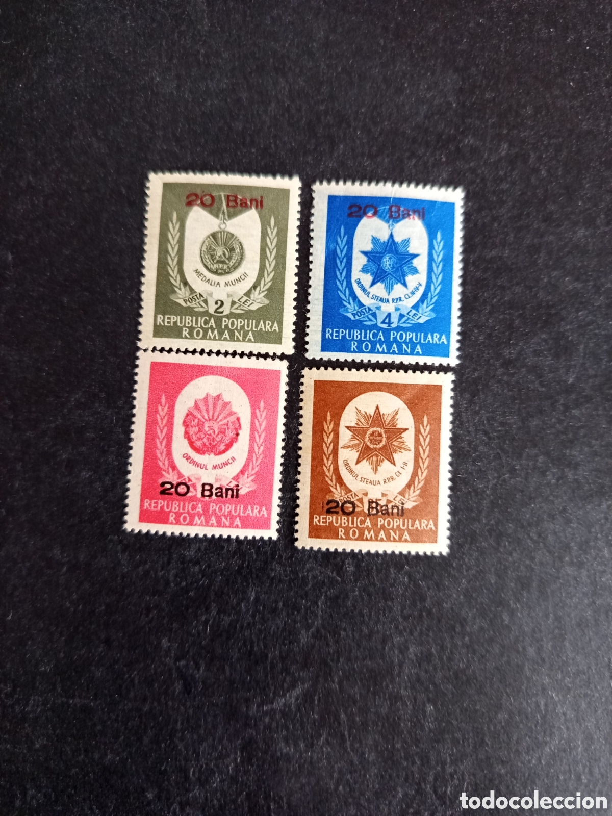 Sellos: Ruman&iacute;a, 1952. 1 Mayo. Condecoraciones. Medallas. Yv 1234/7. Serie completa sobrecarga.