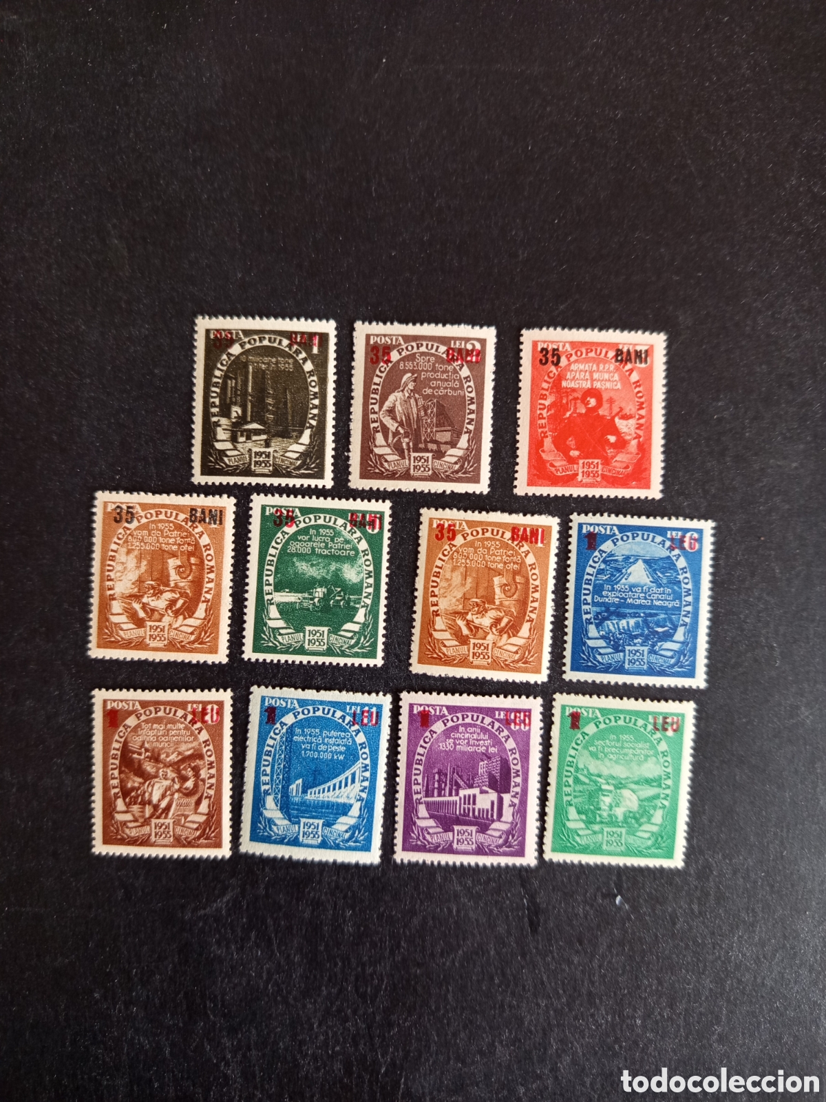 Sellos: Ruman&iacute;a, 1952. Desarrollo. Servicios b&aacute;sicos. Yv. 1193/1201; 1195a. Pedido m&iacute;nimo 3 &euro;. Ver fotos.