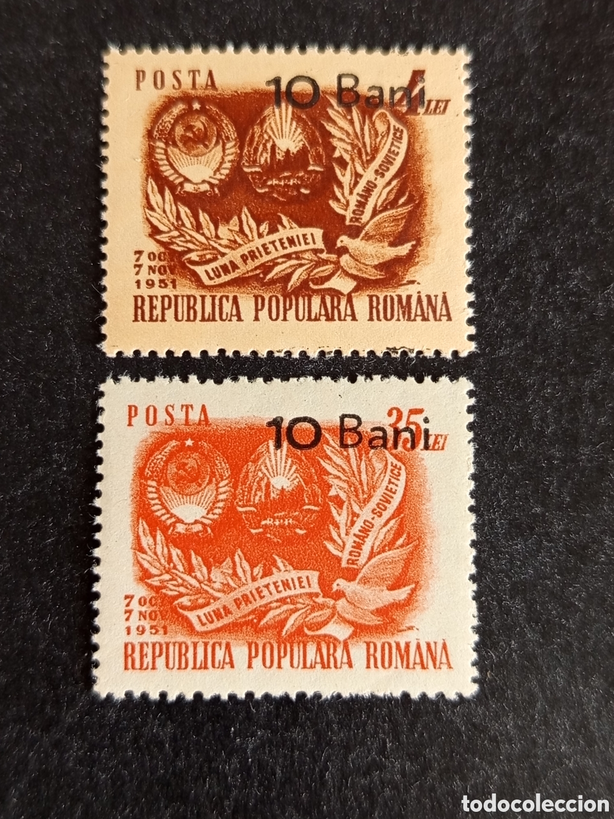 Sellos: Ruman&iacute;a, 1952. Amistad rumano-rusa. Yv. 1229/30. Serie completa sobrecargada. Pedido m&iacute;nimo 3 &euro;.