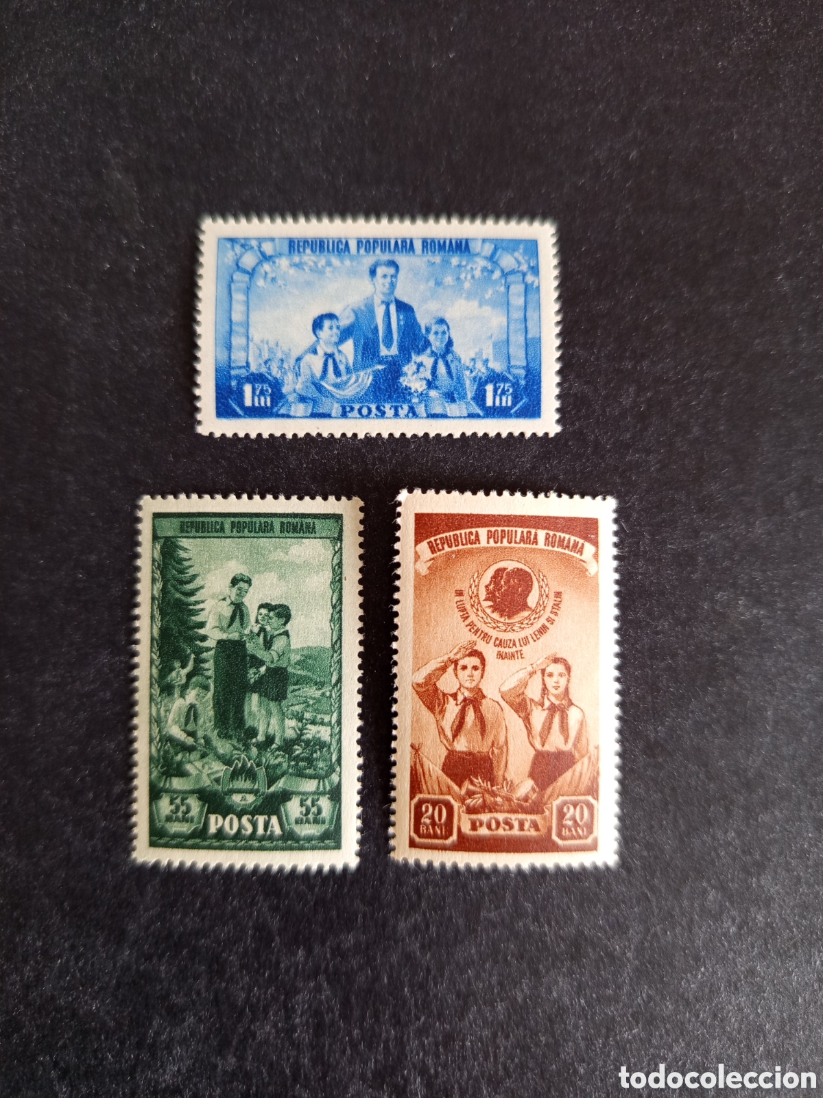 Sellos: Ruman&iacute;a, 1952. Pioneros rumanos. Yv. 1258/60. Serie completa. Pedido m&iacute;nimo 3 &euro;. Ver fotos.