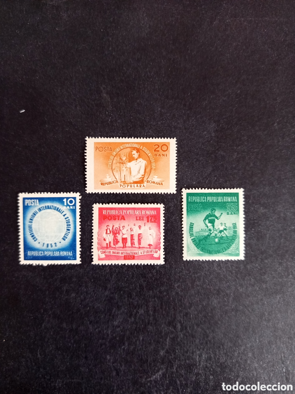 Sellos: Ruman&iacute;a, 1952. Consejo Uni&oacute;n Estudiantes. Yv. 1276/9. Serie completa. Pedido m&iacute;nimo 3 &euro;. Ver fotos.