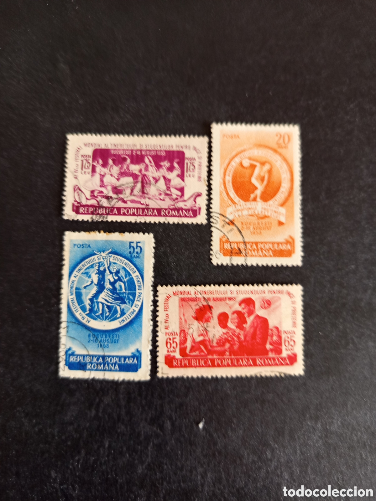 Sellos: Ruman&iacute;a, 1953. Festival Mundial Juventud. Yv. 1308/11. Serie completa. Pedido m&iacute;nimo 3 &euro;. Ver fotos.
