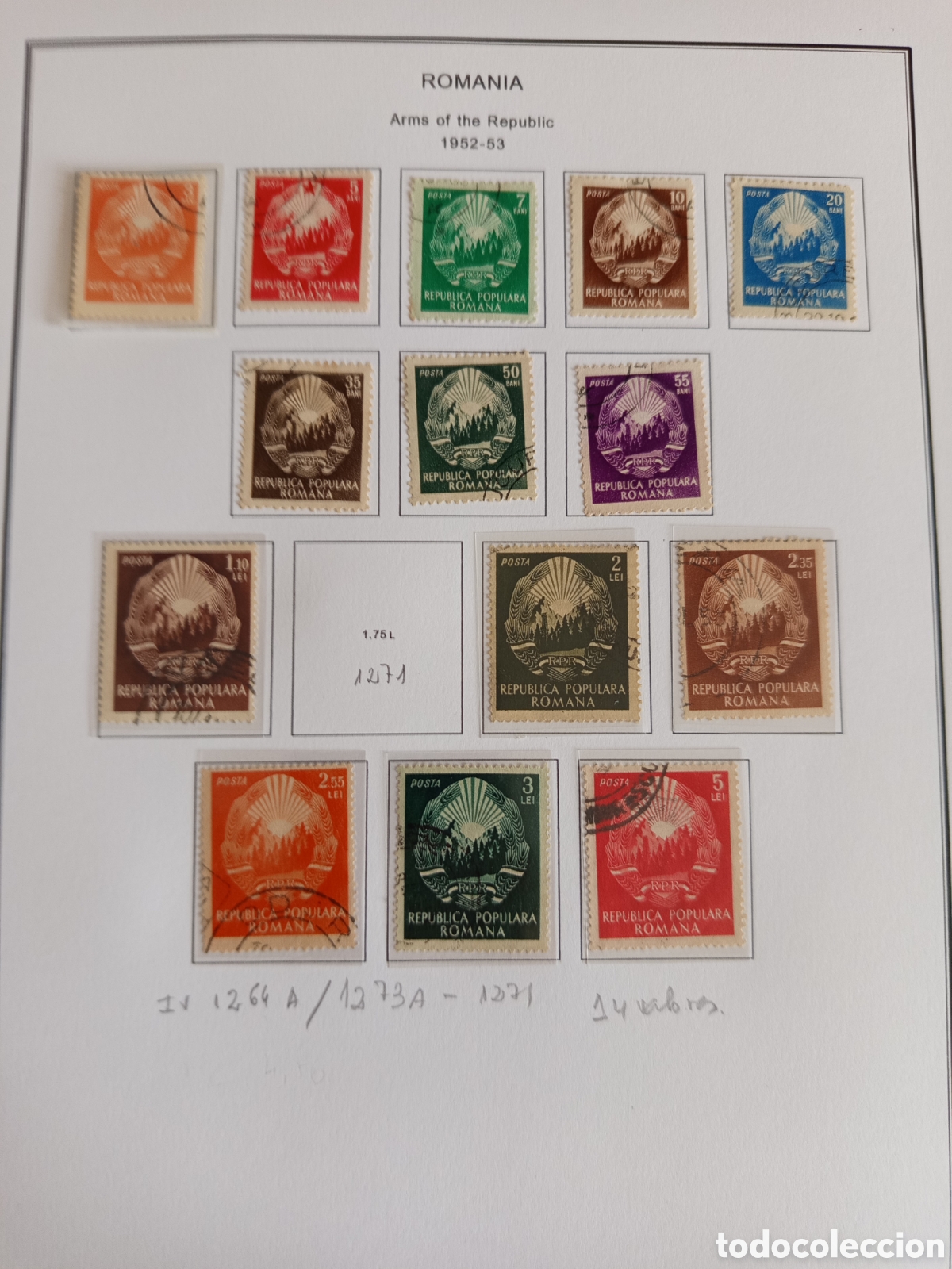 Sellos: Ruman&iacute;a, 1952-3. Escudo de Armas. Yv. 1264A/1273A, excepto 1271. 14 sellos. Pedido m&iacute;nimo 3 &euro;.