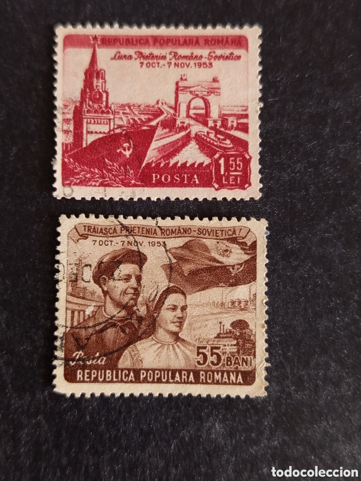 Sellos: Ruman&iacute;a, 1953. Amistad rumano-rusa. Yv. 1327/8. Serie completa. Pedido m&iacute;nimo 3 &euro;. Ver fotos.
