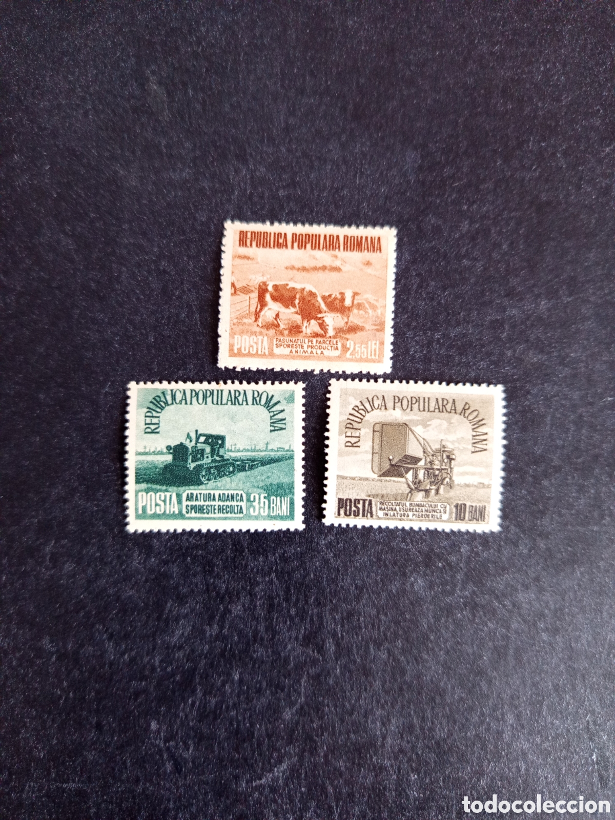Sellos: Ruman&iacute;a, 1953. Agricultura y ganader&iacute;a. Yv. 1332/4. Serie completa. Pedido m&iacute;nimo 3 &euro;. Ver fotos.