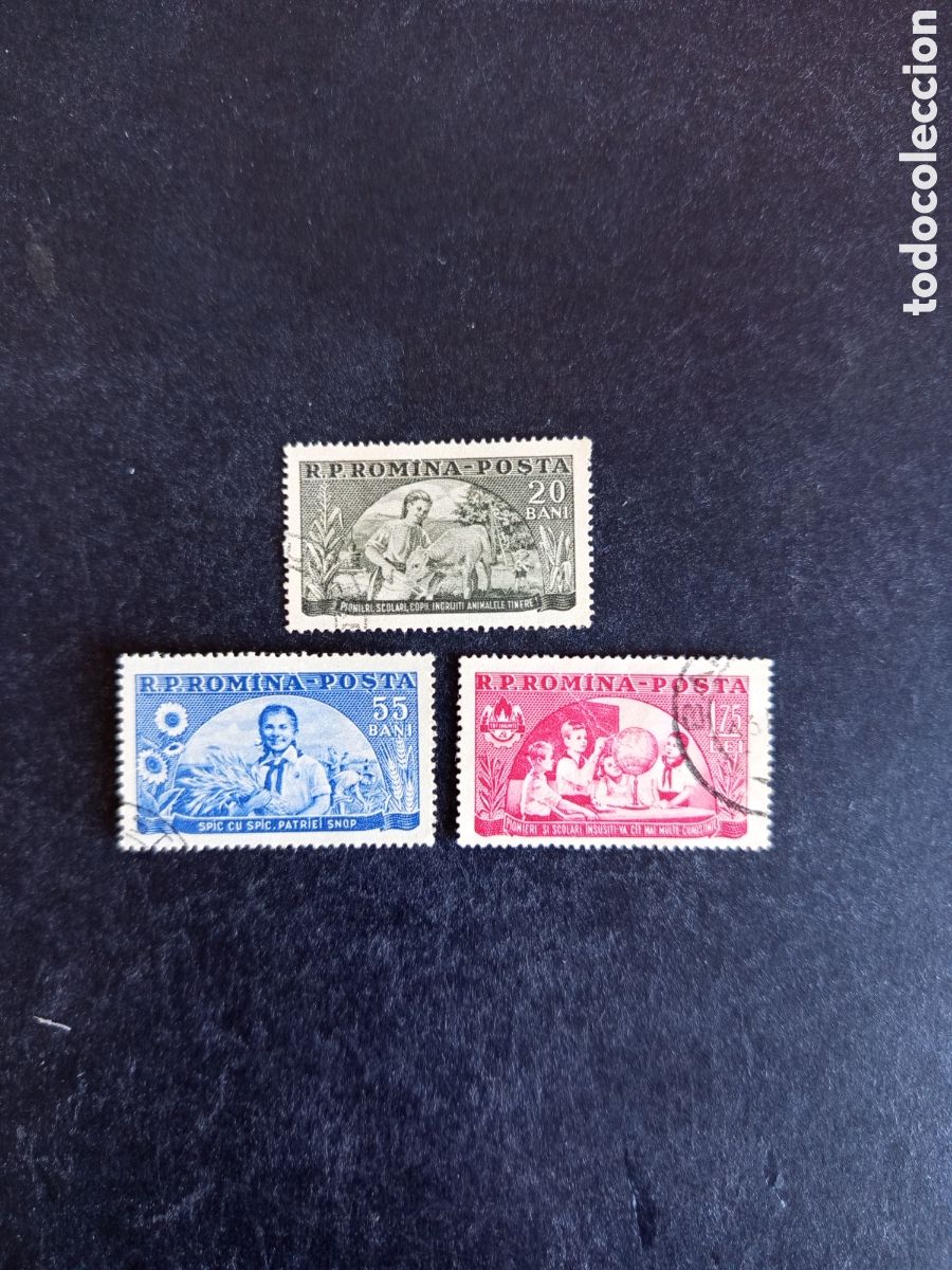Sellos: Ruman&iacute;a, 1954. J&oacute;venes pioneros. Yv 1347/9. Serie completa. Pedido m&iacute;nimo 3 &euro;. Ver fotos.
