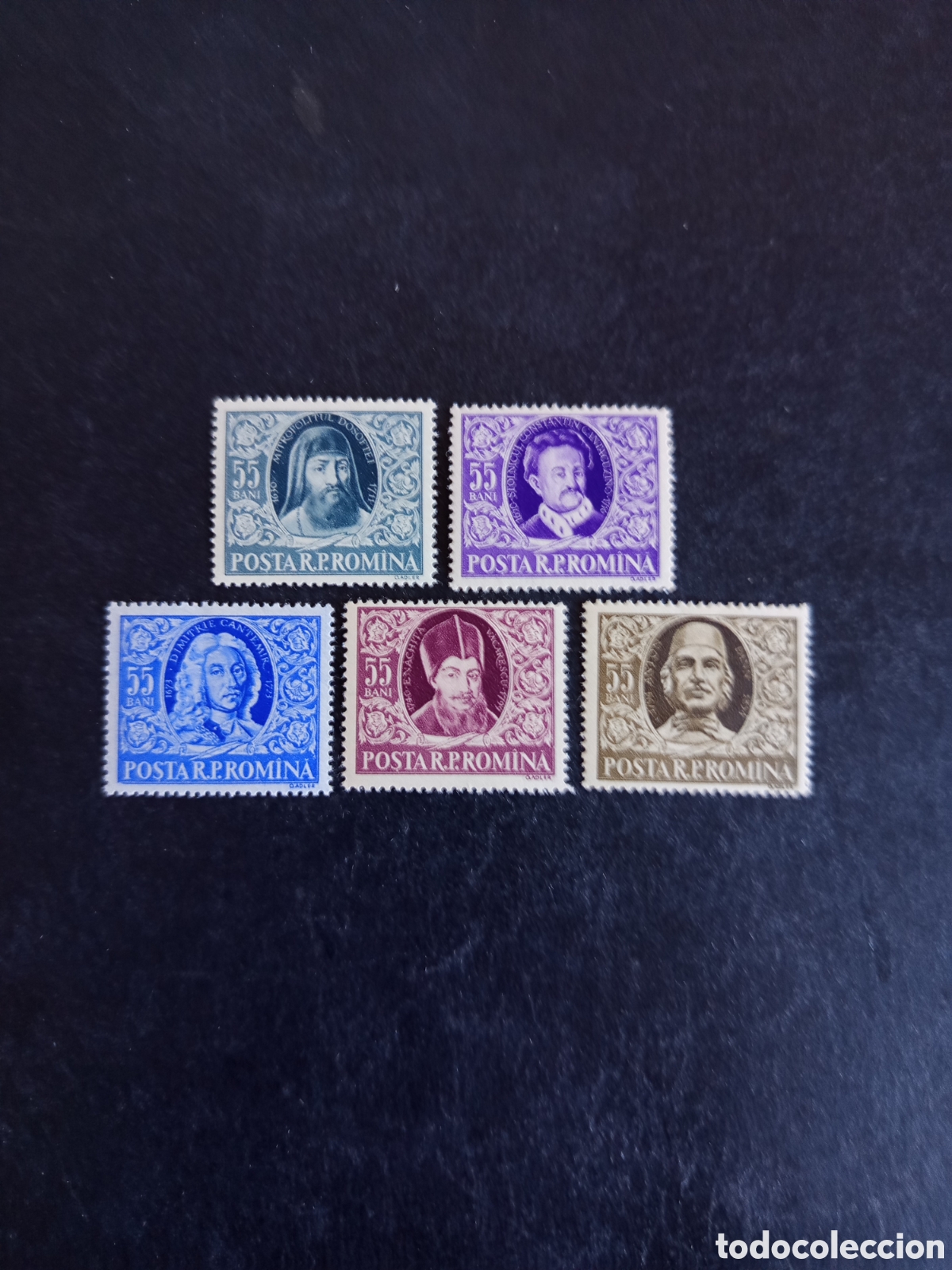 Sellos: Ruman&iacute;a,1955. Escritores rumanos. Yv 1405/9. Serie completa. Pedido m&iacute;nimo 3 &euro;. Ver fotos.