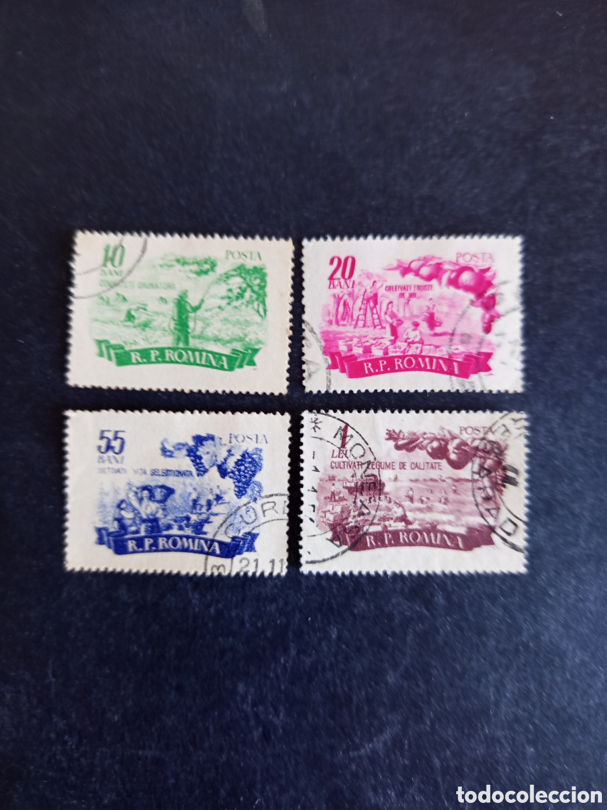 Sellos: Ruman&iacute;a,1955. Productos Agr&iacute;colas. Yv 1414/7. Serie completa. Pedido m&iacute;nimo 3 &euro;. Ver fotos.
