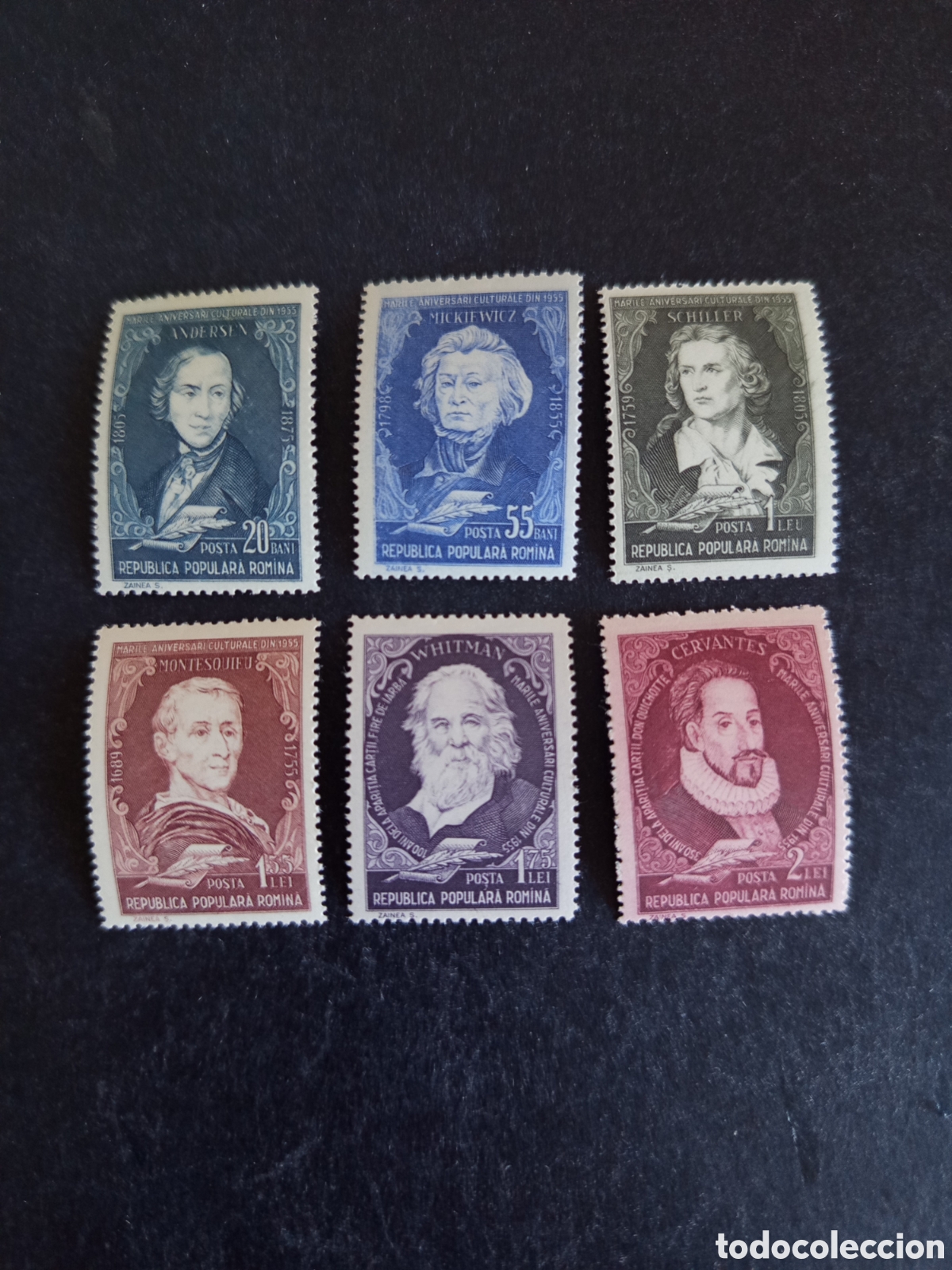 Sellos: Ruman&iacute;a,1955. Escritores famosos . Yv 1424/9. Serie completa. Pedido m&iacute;nimo 3 &euro;. Ver fotos.