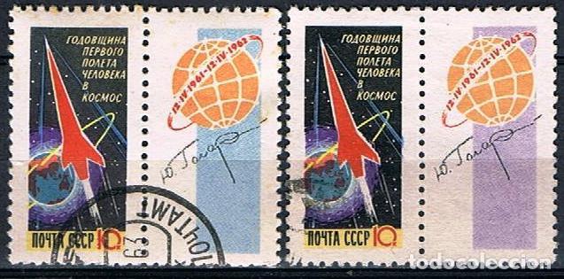 Selos: URSS / RUSIA 1962 YT 2506/7 Mi 2587a I Aniversario del vuelo c&oacute;smico de Gagarin. Dentado (usado)