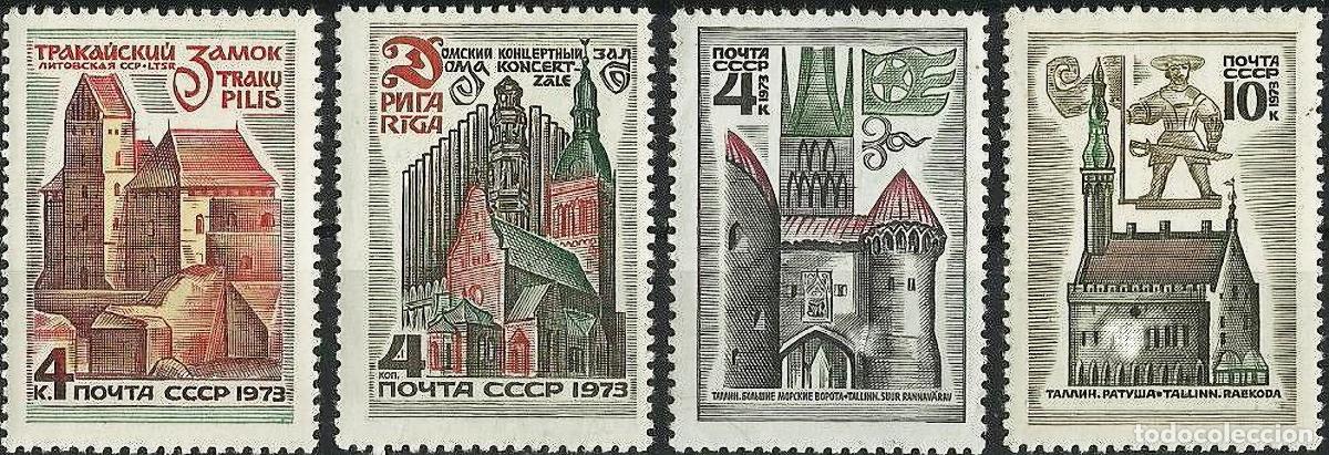Sellos: URSS 1973 Edificios hist&oacute;ricos de los pa&iacute;ses b&aacute;lticos. Arquitectura MNH - Foto 1