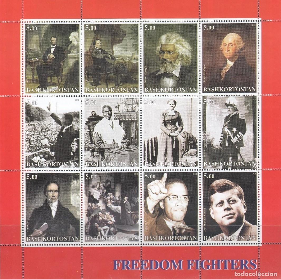Sellos: BASHKIRIA 2001 SHEET MNH PRESIDENTES PRESIDENTS FREEDOM FIGHTERS JFK KENNEDY LINCOLN WASHINGTON