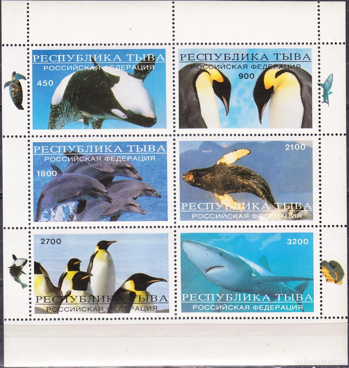 Selos: TUVA TOUVA 1995 SHEET MNH FAUNA MARINA PINGUINOS BALLENAS WHALES TIBURONES SHARKS DELFINES DOLPHINS
