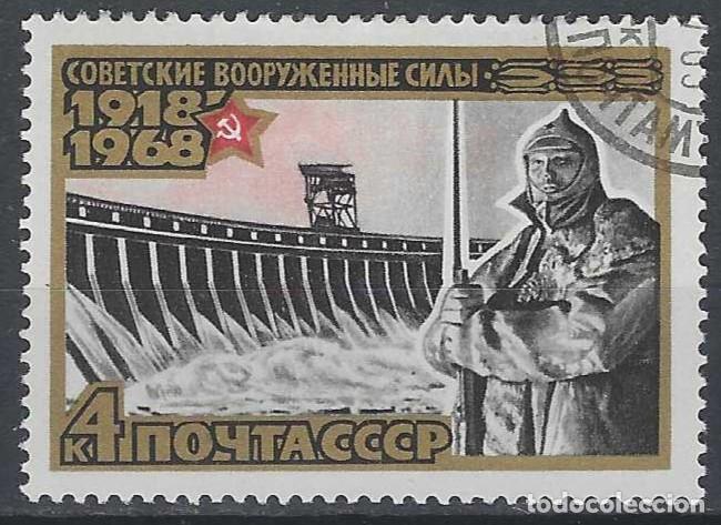 Sellos: UNI&Oacute;N SOVI&Eacute;TICA 1968 - 50&ordm; ANIV. DE LAS FUERZAS ARMADAS, ESTATUA Y PRESA DEL DNIPER - USADO